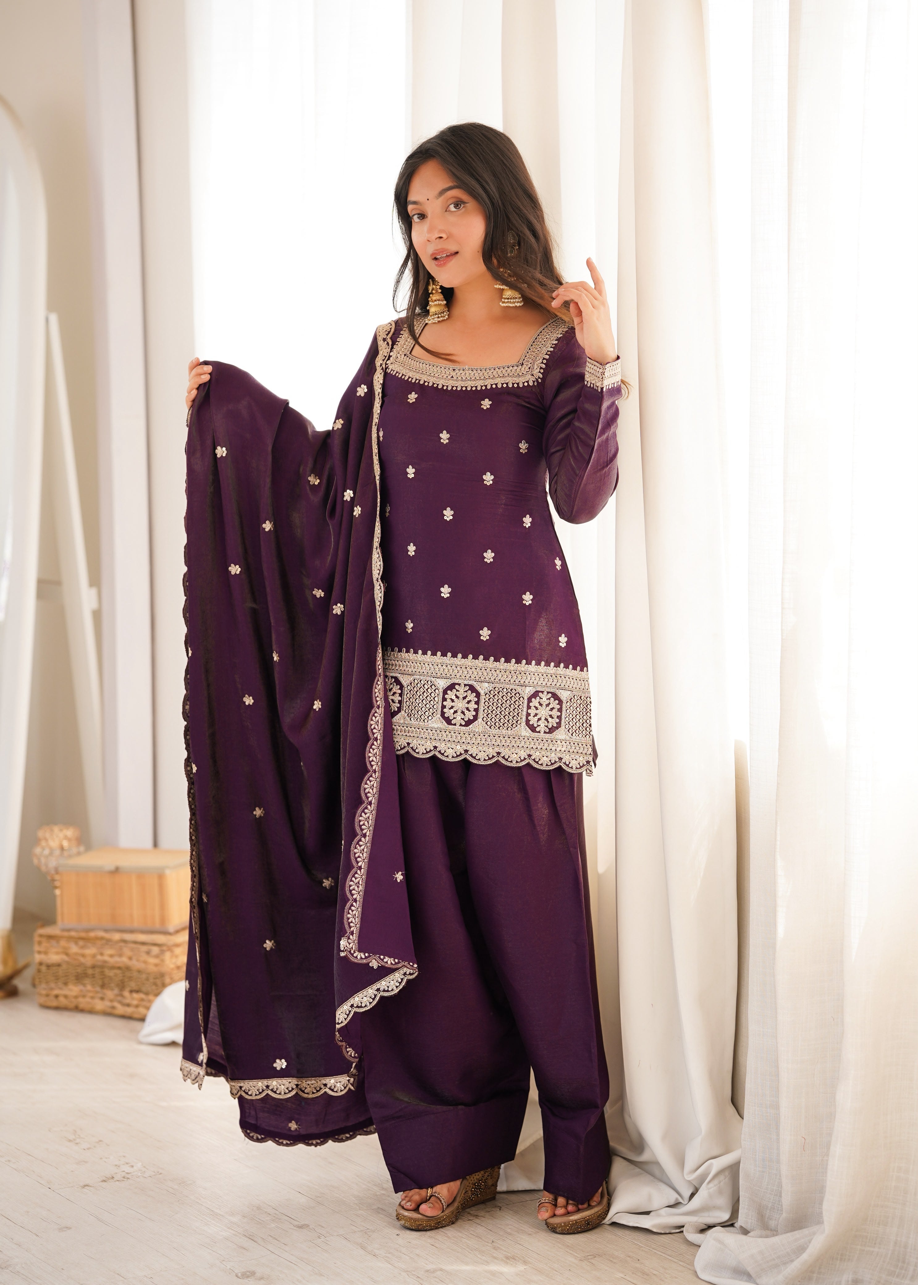 Wine Glass Roman Silk Kurta Suit Set With Embroidery Work