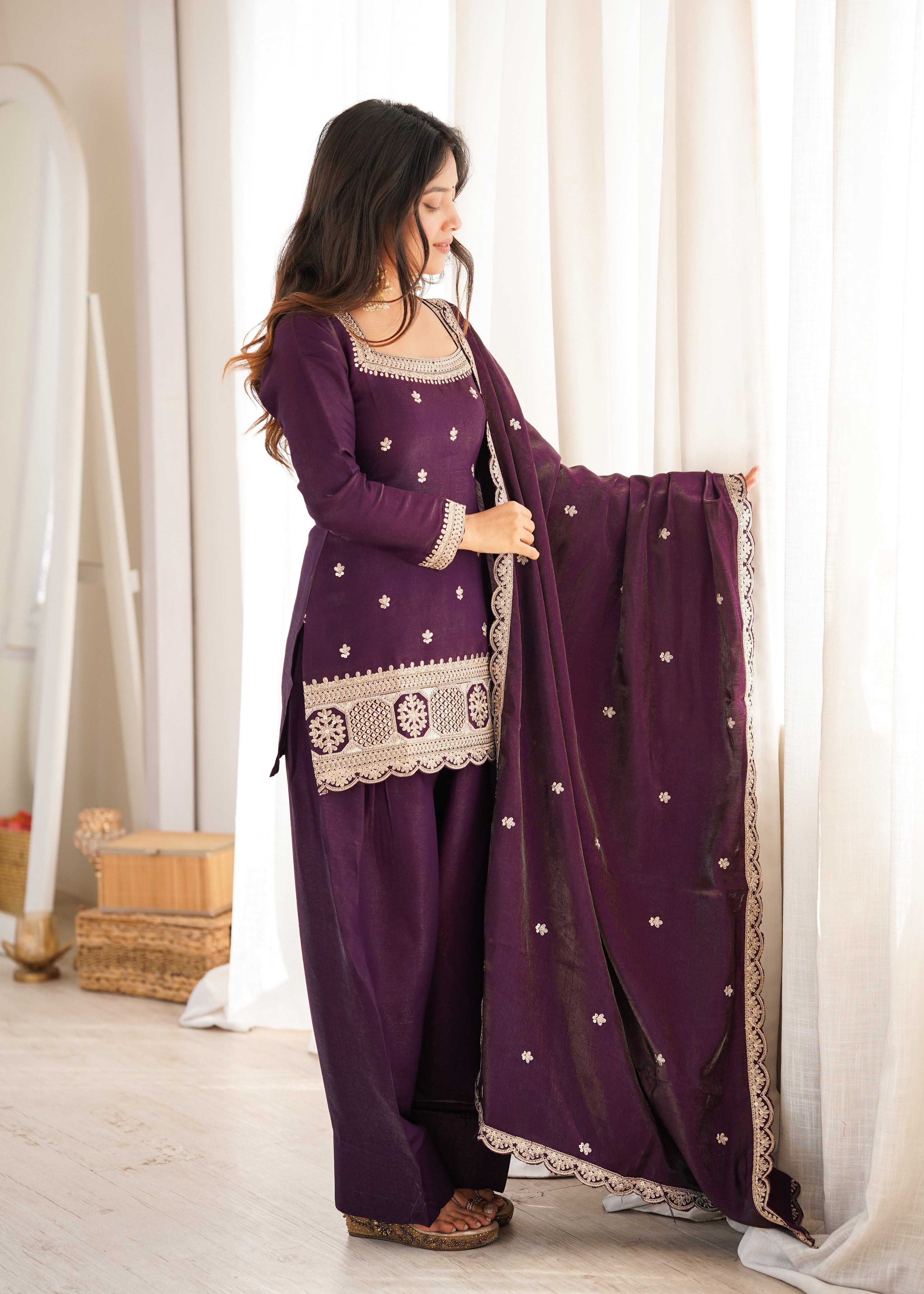 Wine Glass Roman Silk Kurta Suit Set With Embroidery Work