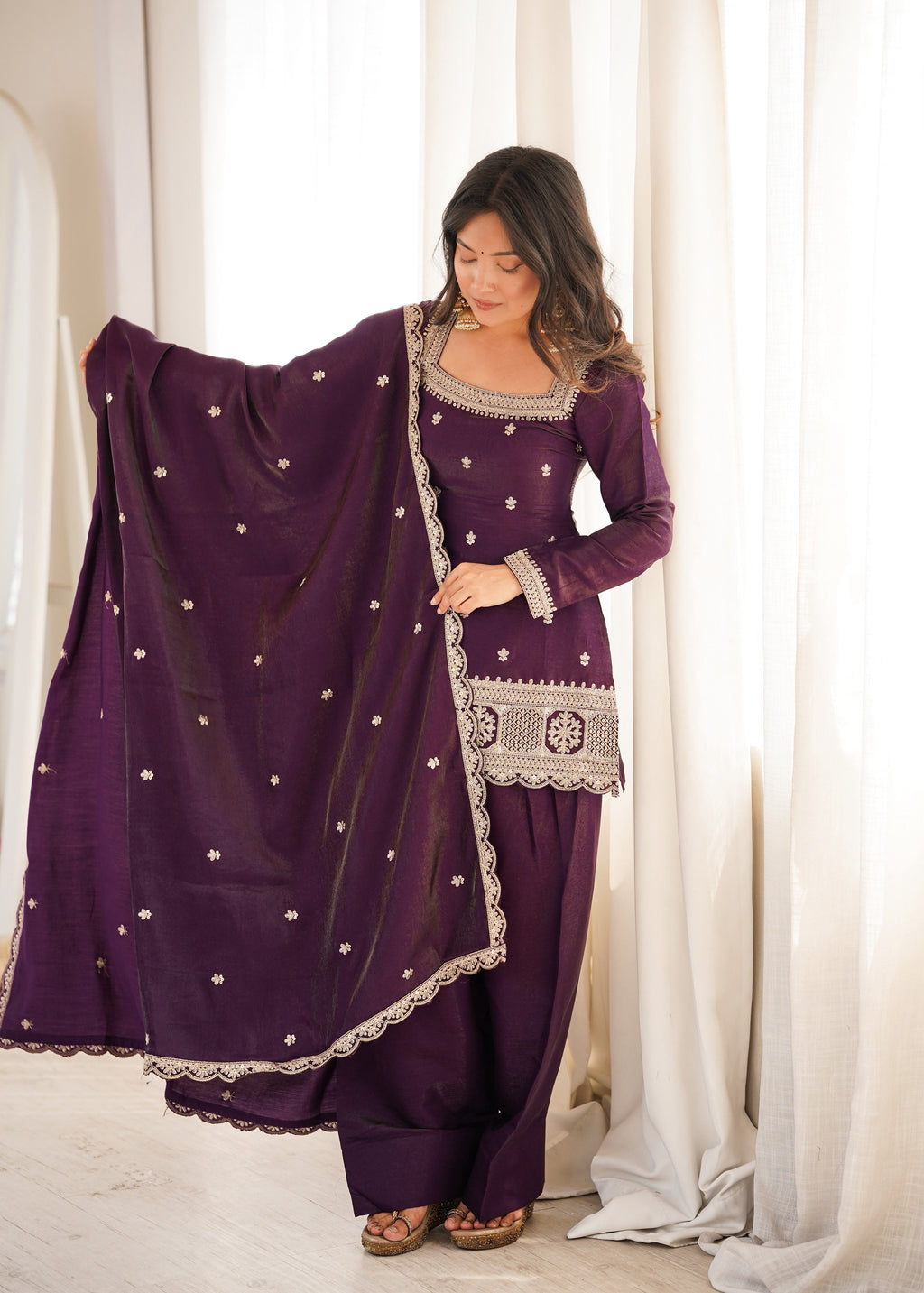 Wine Glass Roman Silk Kurta Suit Set With Embroidery Work