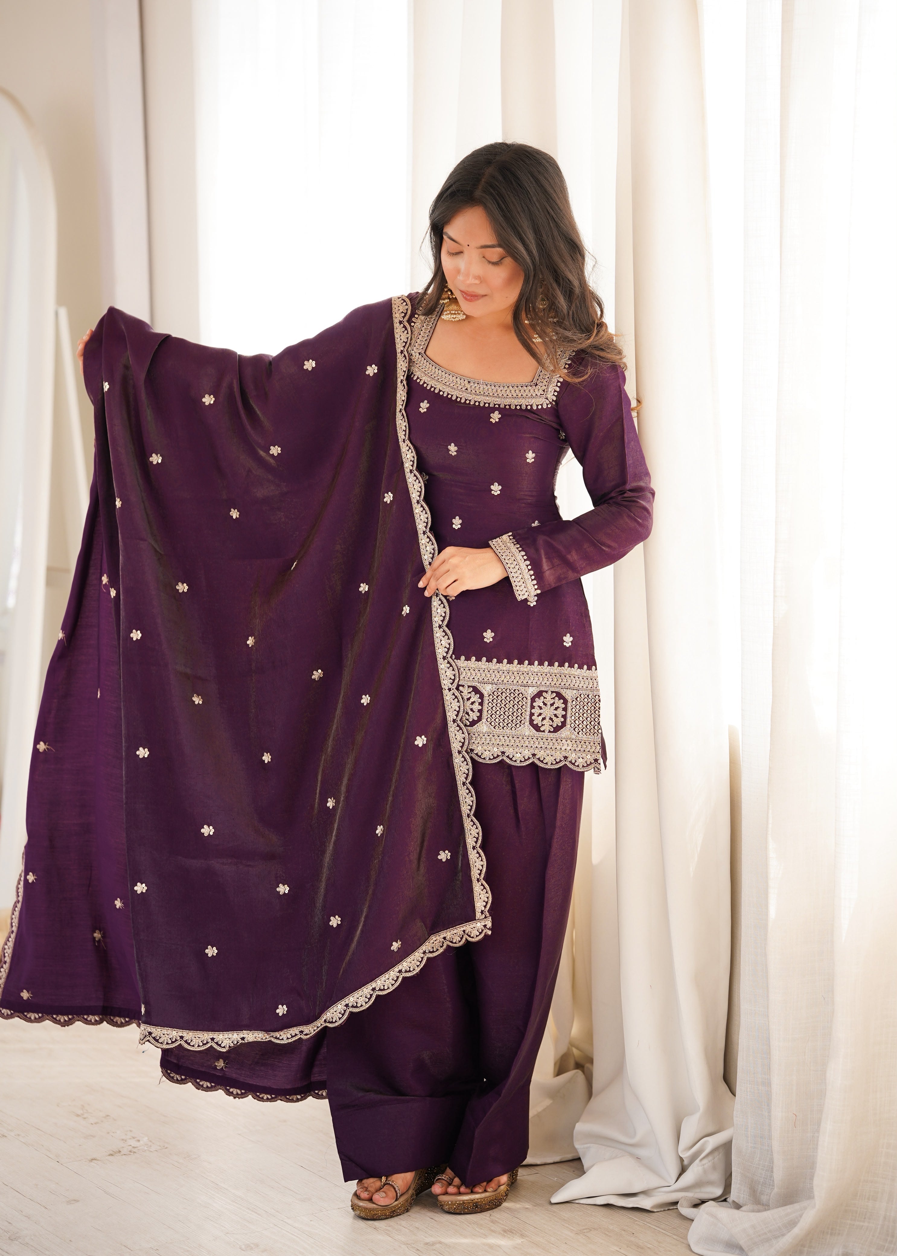 Wine Glass Roman Silk Kurta Suit Set With Embroidery Work