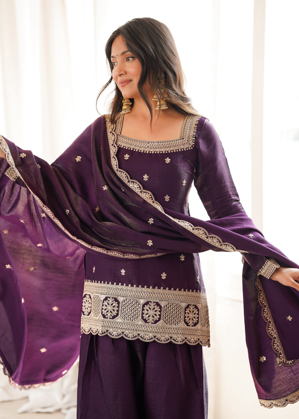 Wine Glass Roman Silk Kurta Suit Set With Embroidery Work