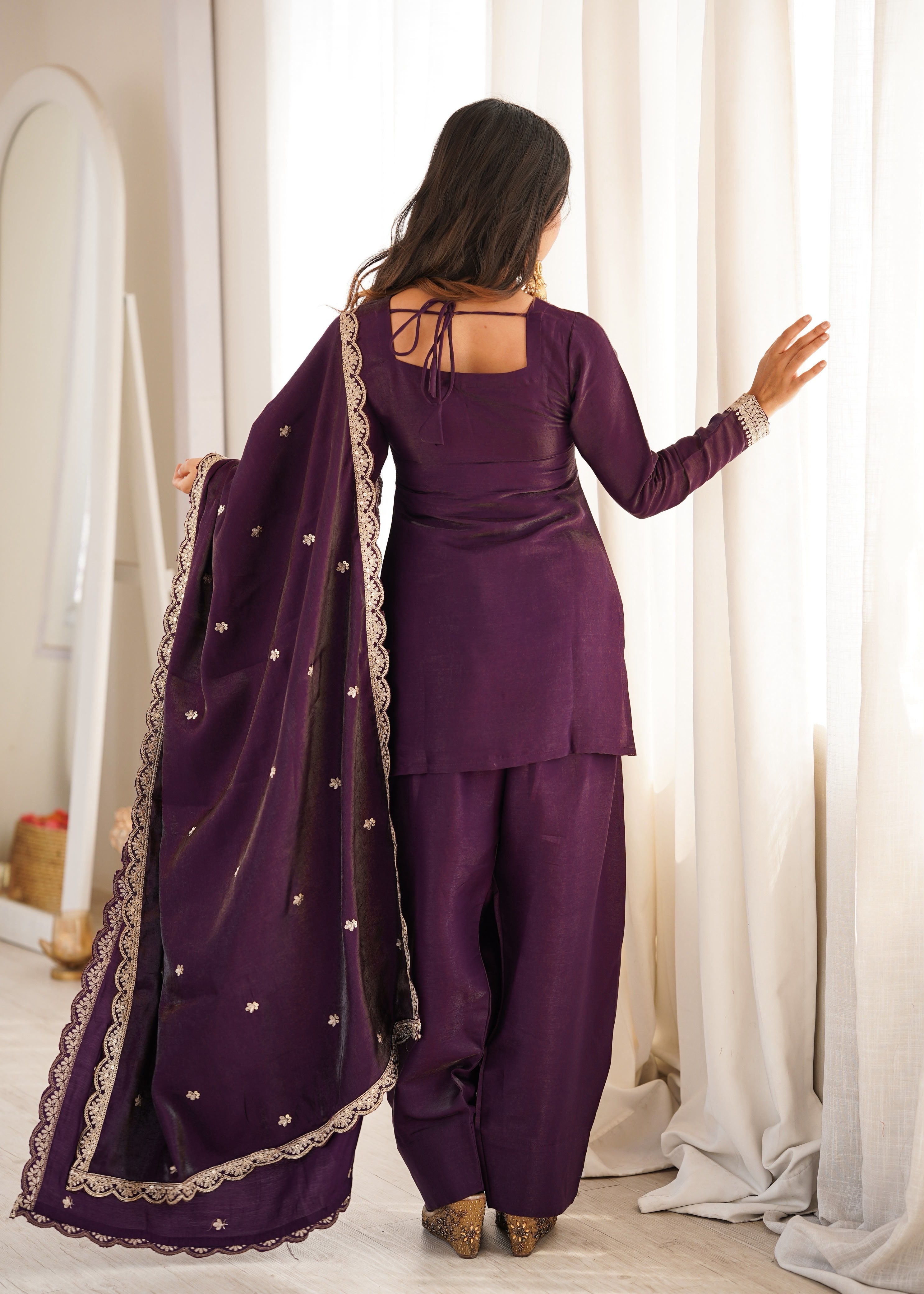 Wine Glass Roman Silk Kurta Suit Set With Embroidery Work