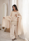 Cream Glass Roman Silk Kurta Suit Set With Embroidery Work