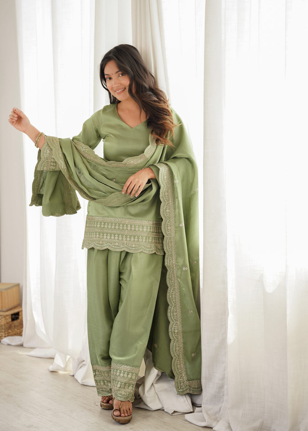 Green Glass Roman Silk Kurta Suit Set With Embroidery Work