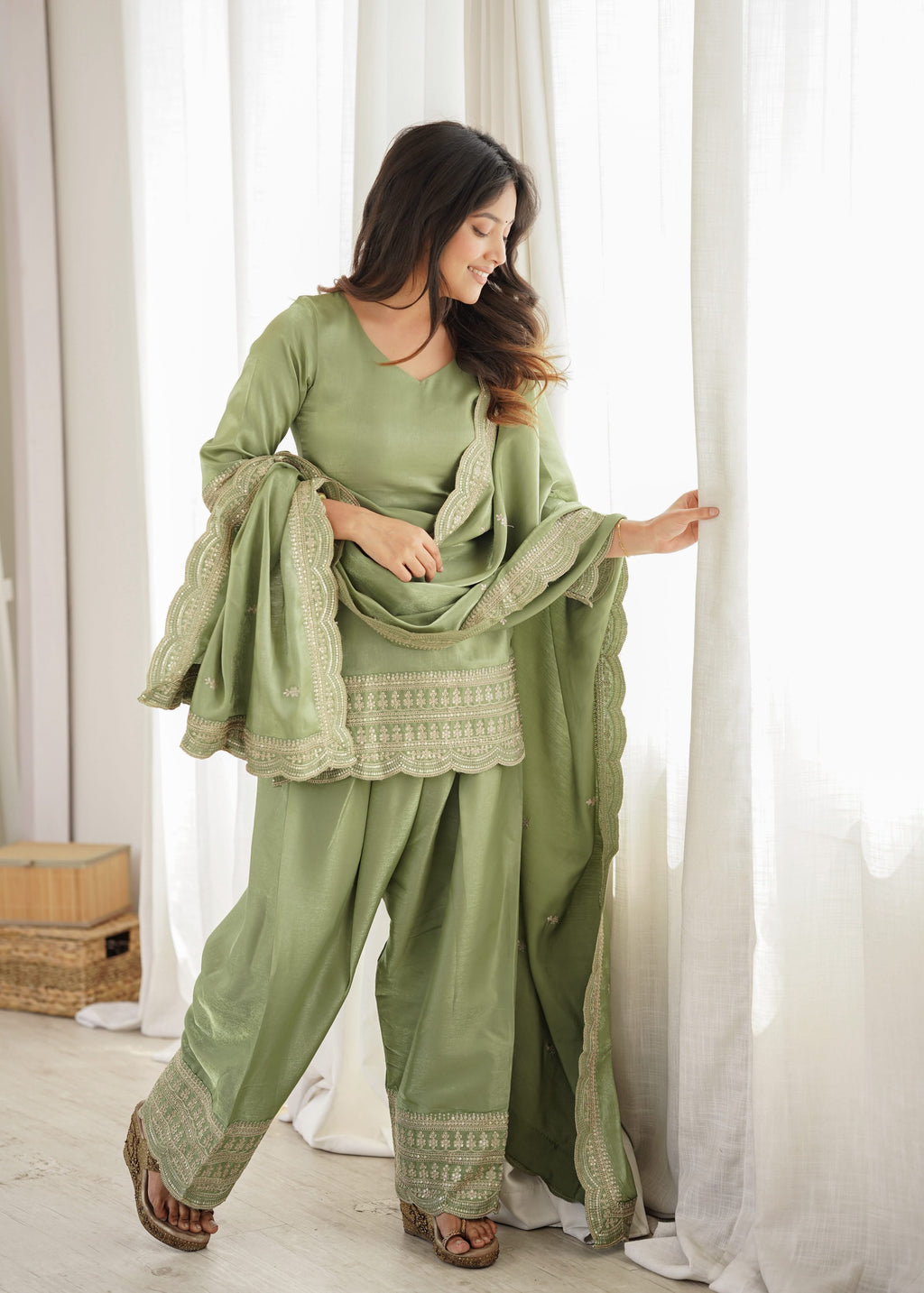Green Glass Roman Silk Kurta Suit Set With Embroidery Work
