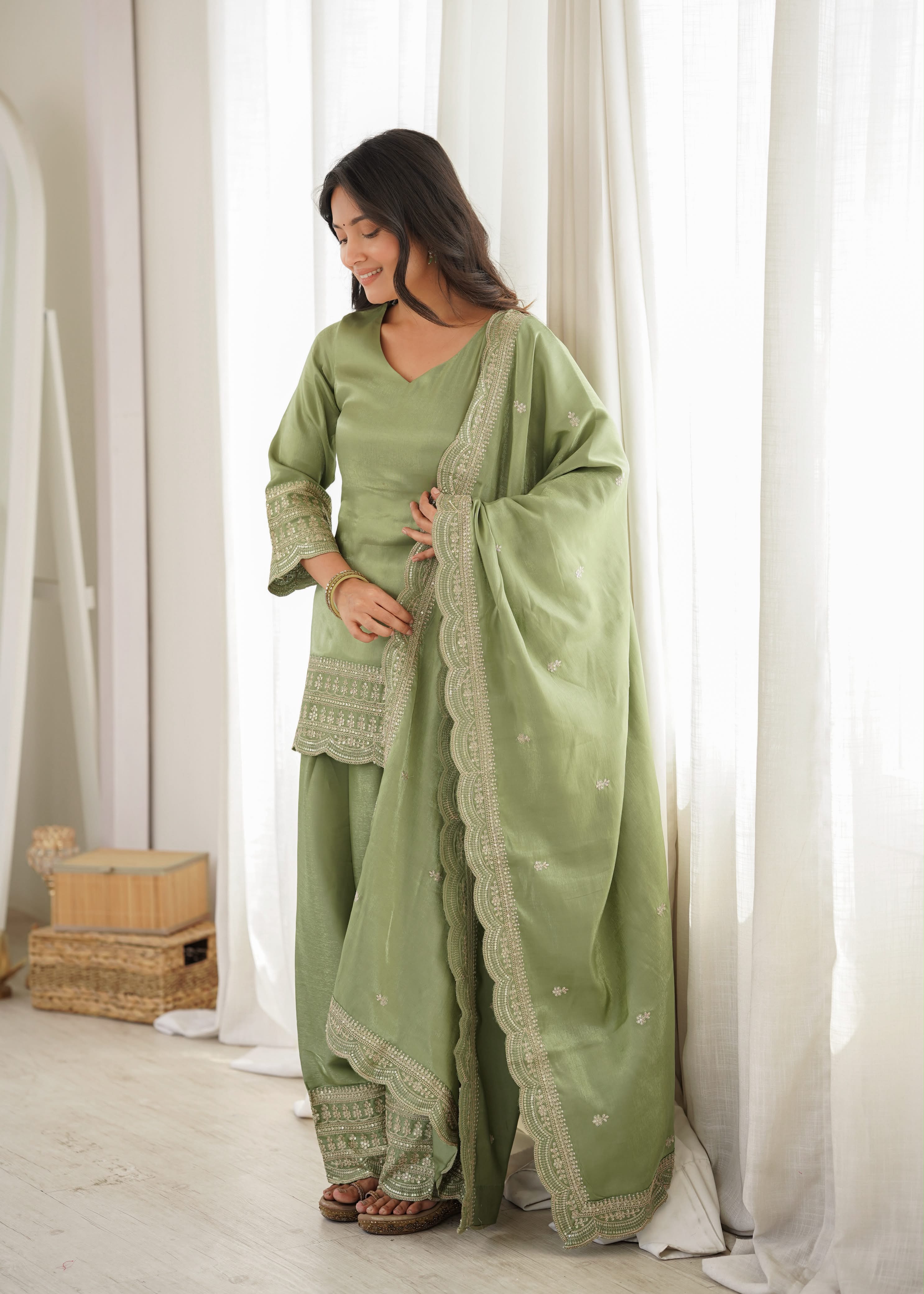 Green Glass Roman Silk Kurta Suit Set With Embroidery Work
