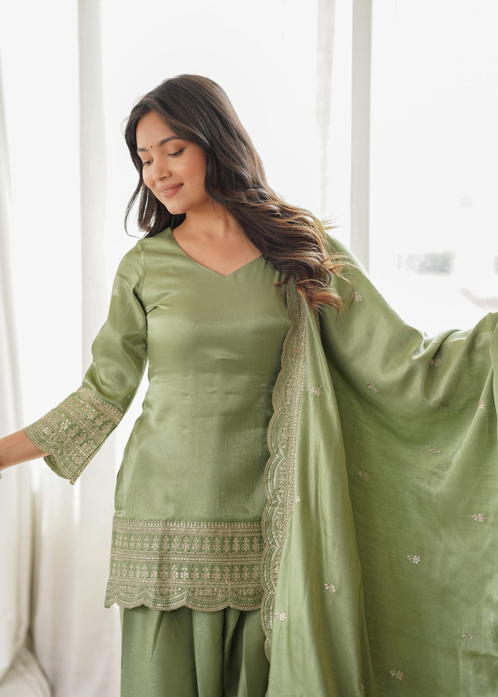 Green Glass Roman Silk Kurta Suit Set With Embroidery Work