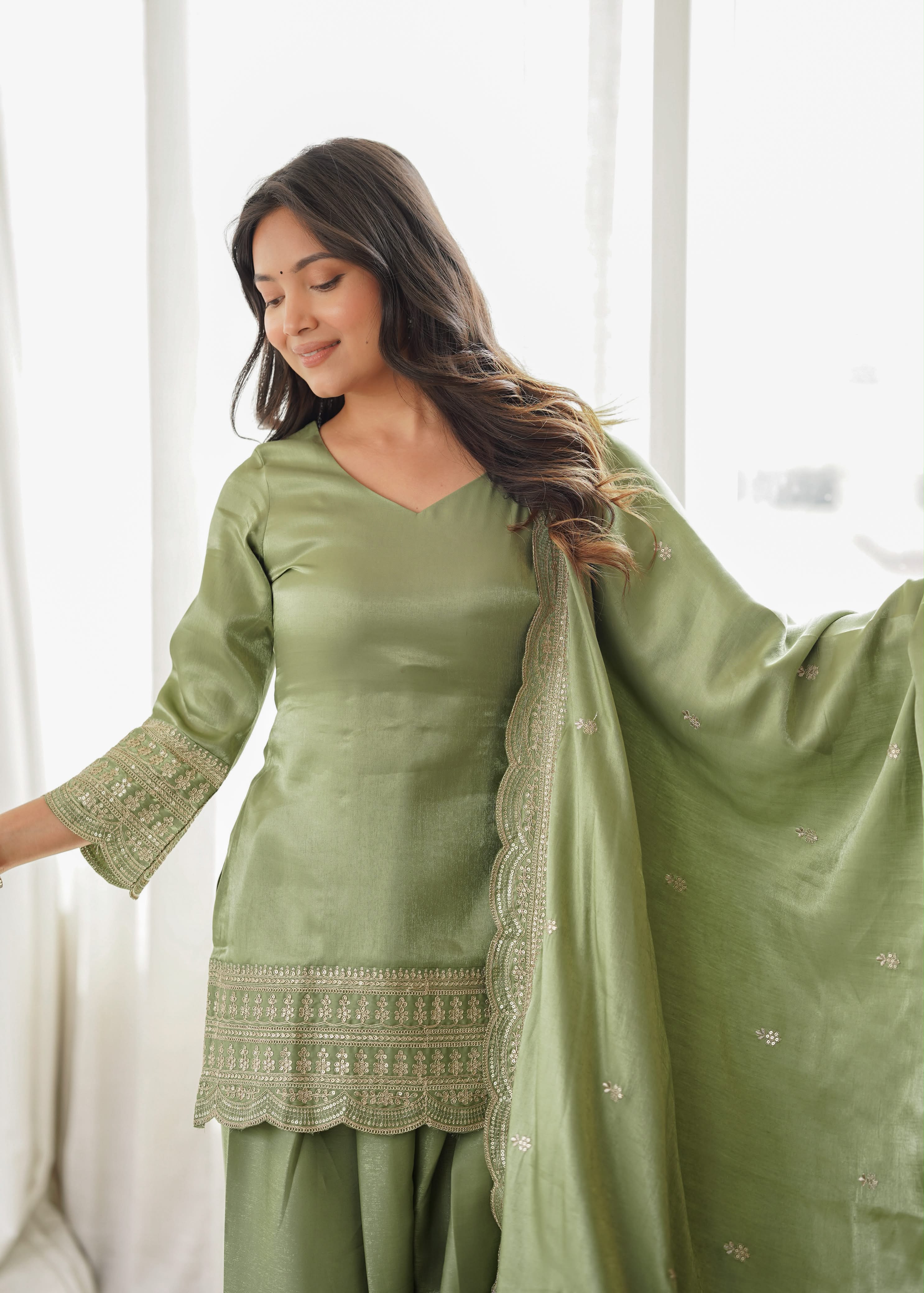 Green Glass Roman Silk Kurta Suit Set With Embroidery Work