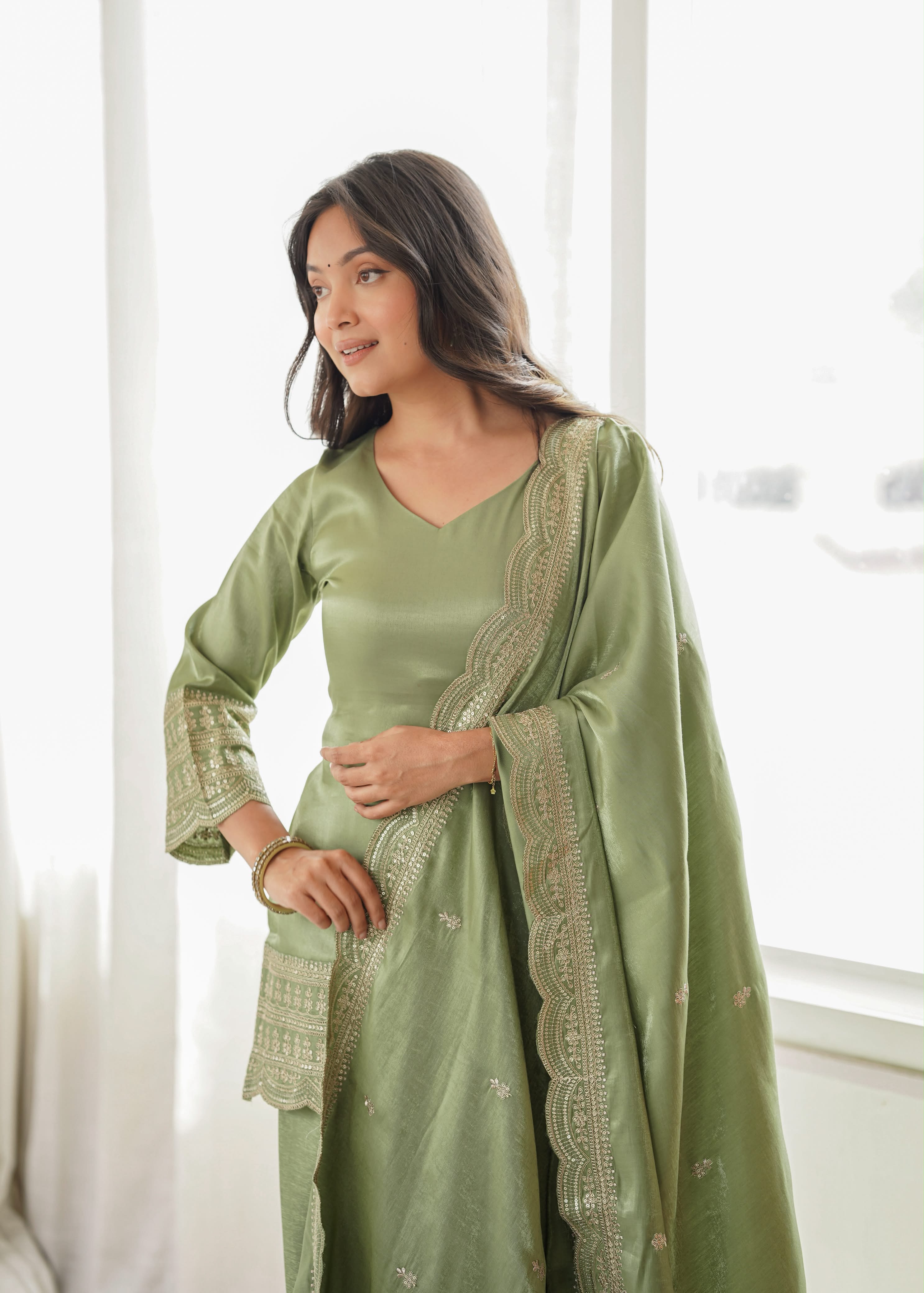 Green Glass Roman Silk Kurta Suit Set With Embroidery Work