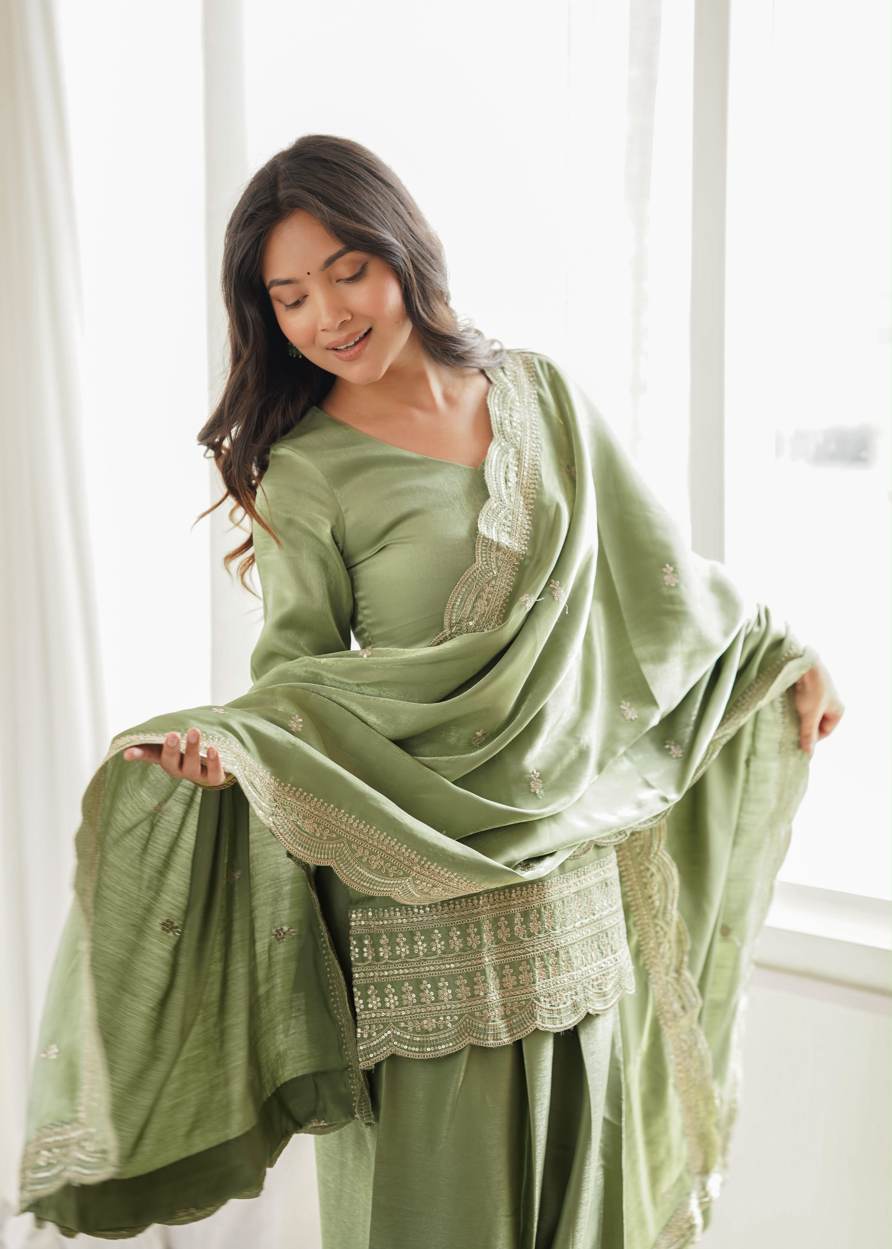 Green Glass Roman Silk Kurta Suit Set With Embroidery Work