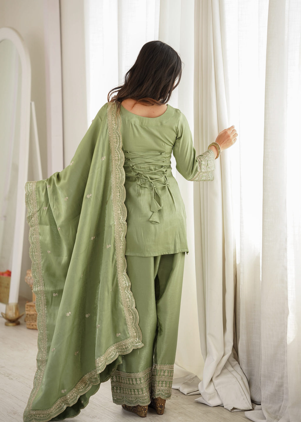 Green Glass Roman Silk Kurta Suit Set With Embroidery Work