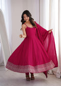 Pink Pure Roman Silk Chanderi Anarkali Suit Set With Embroidery Work