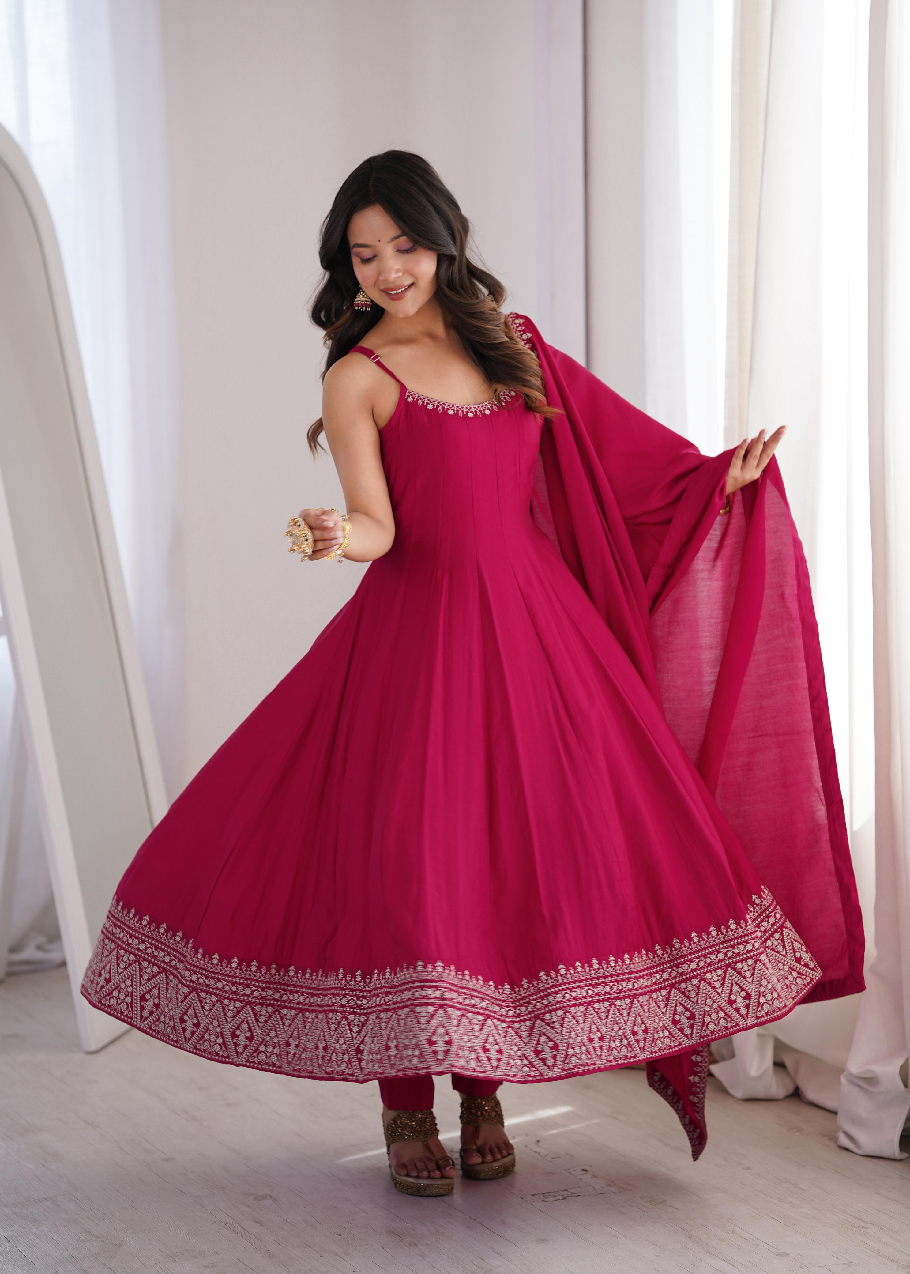 Pink Pure Roman Silk Chanderi Anarkali Suit Set With Embroidery Work