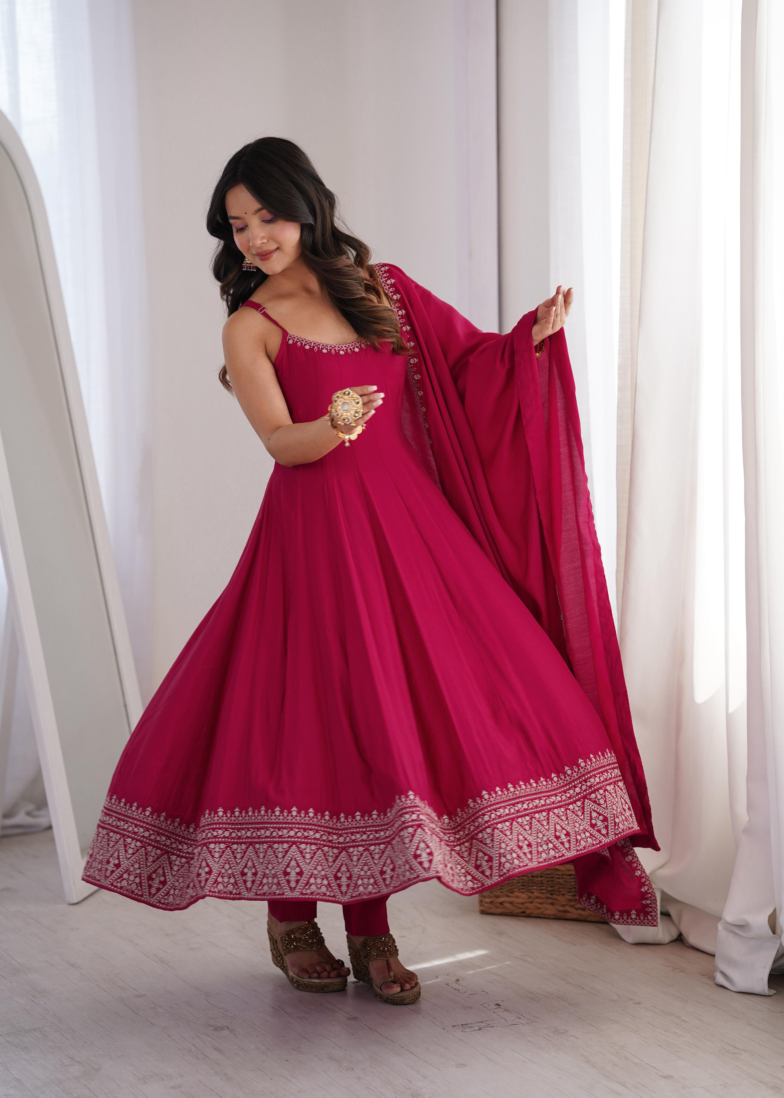 Pink Pure Roman Silk Chanderi Anarkali Suit Set With Embroidery Work