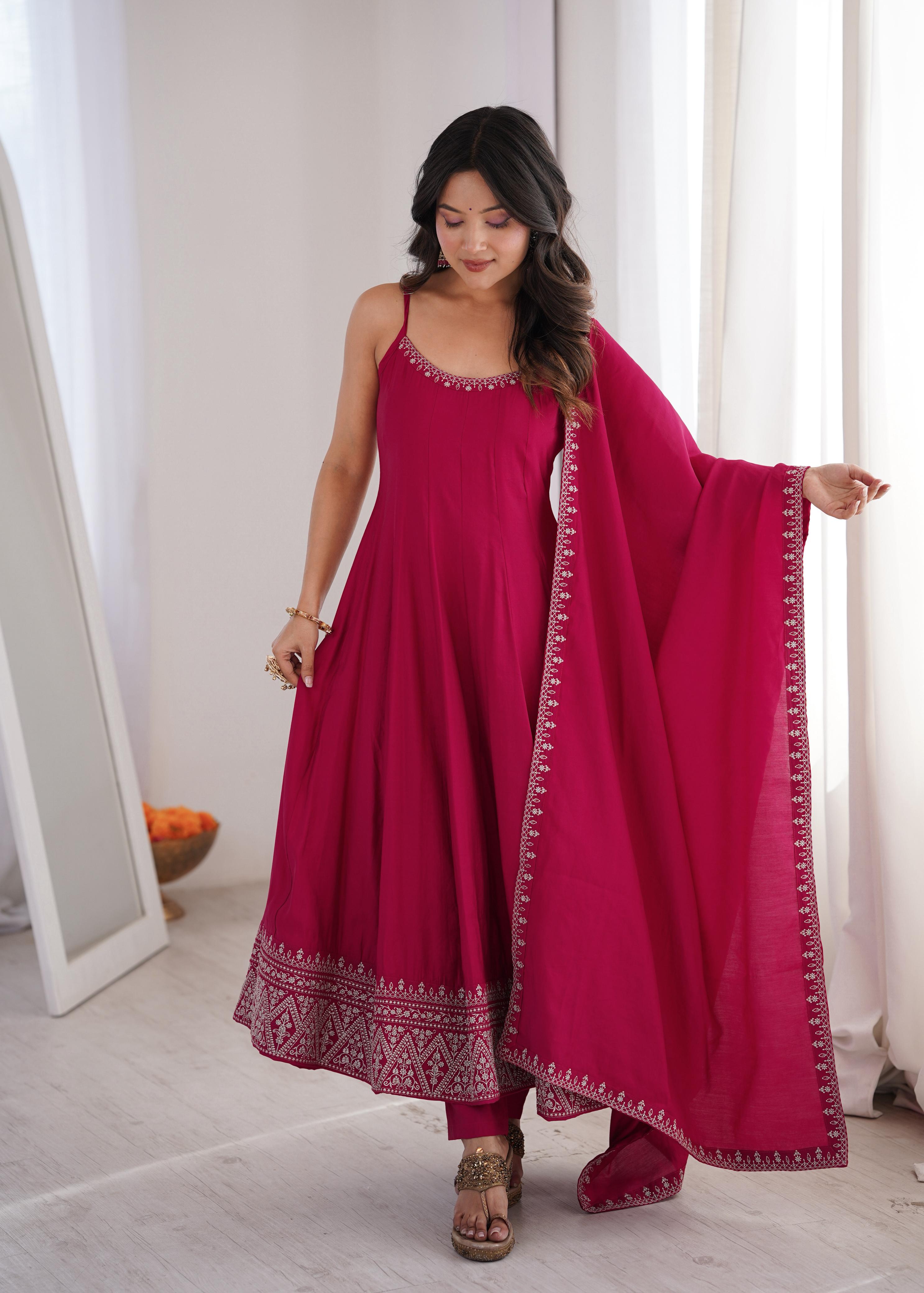Pink Pure Roman Silk Chanderi Anarkali Suit Set With Embroidery Work