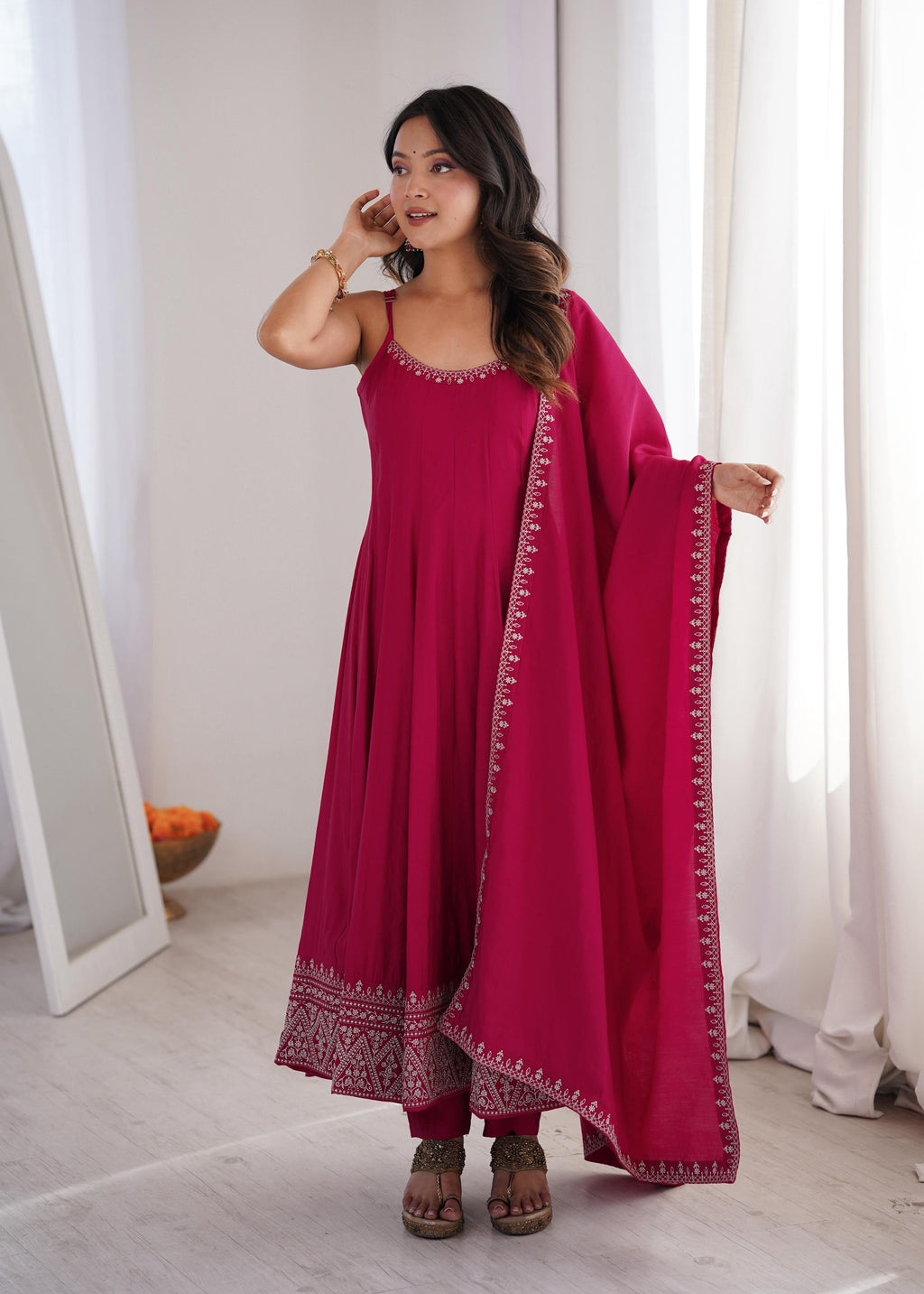 Pink Pure Roman Silk Chanderi Anarkali Suit Set With Embroidery Work