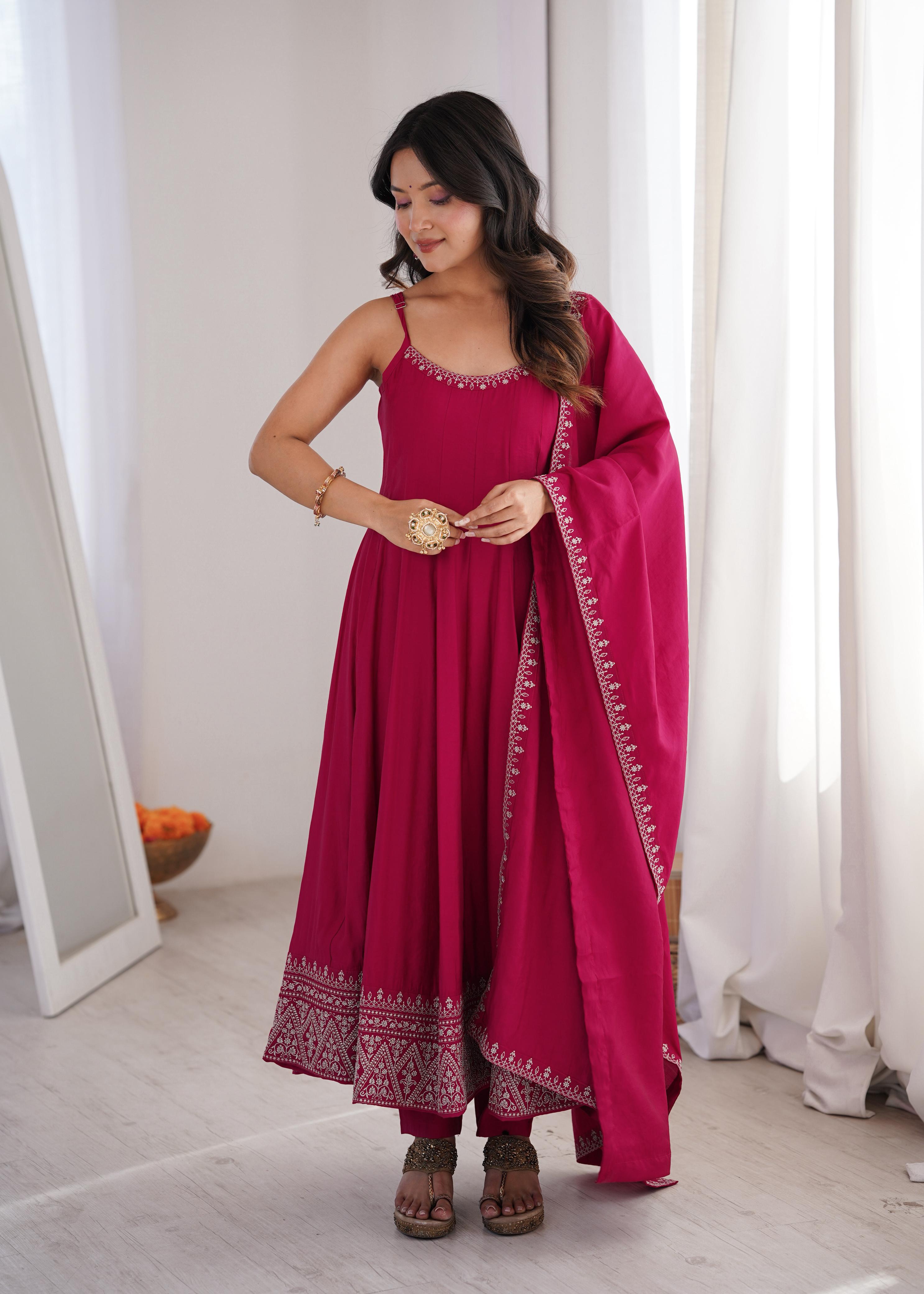 Pink Pure Roman Silk Chanderi Anarkali Suit Set With Embroidery Work
