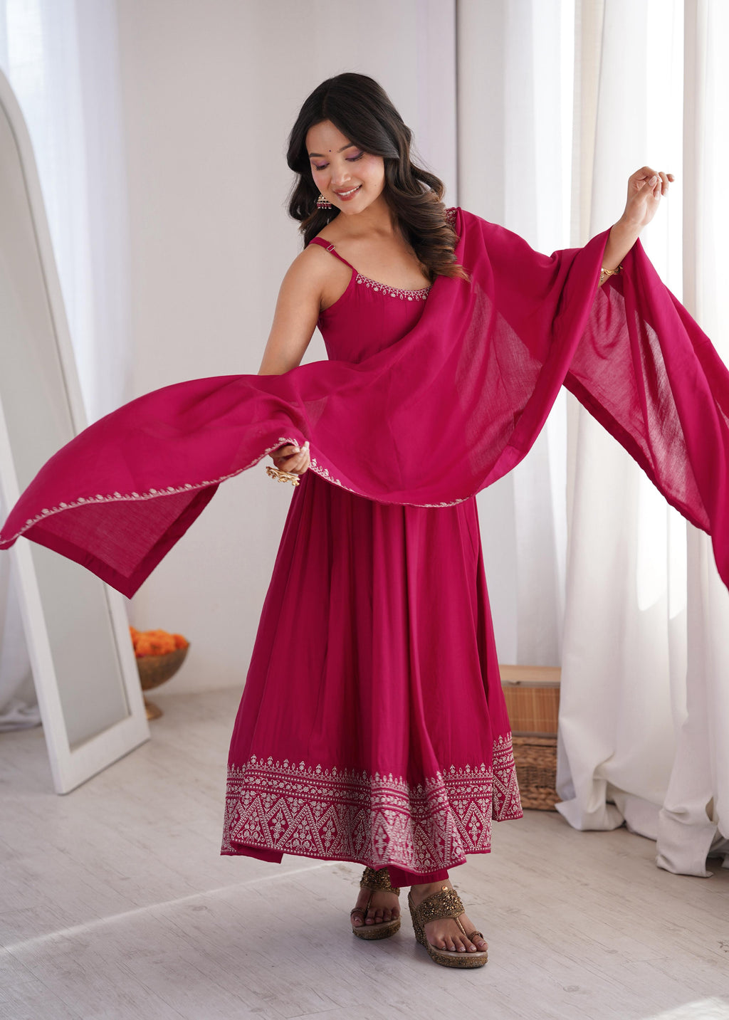 Pink Pure Roman Silk Chanderi Anarkali Suit Set With Embroidery Work