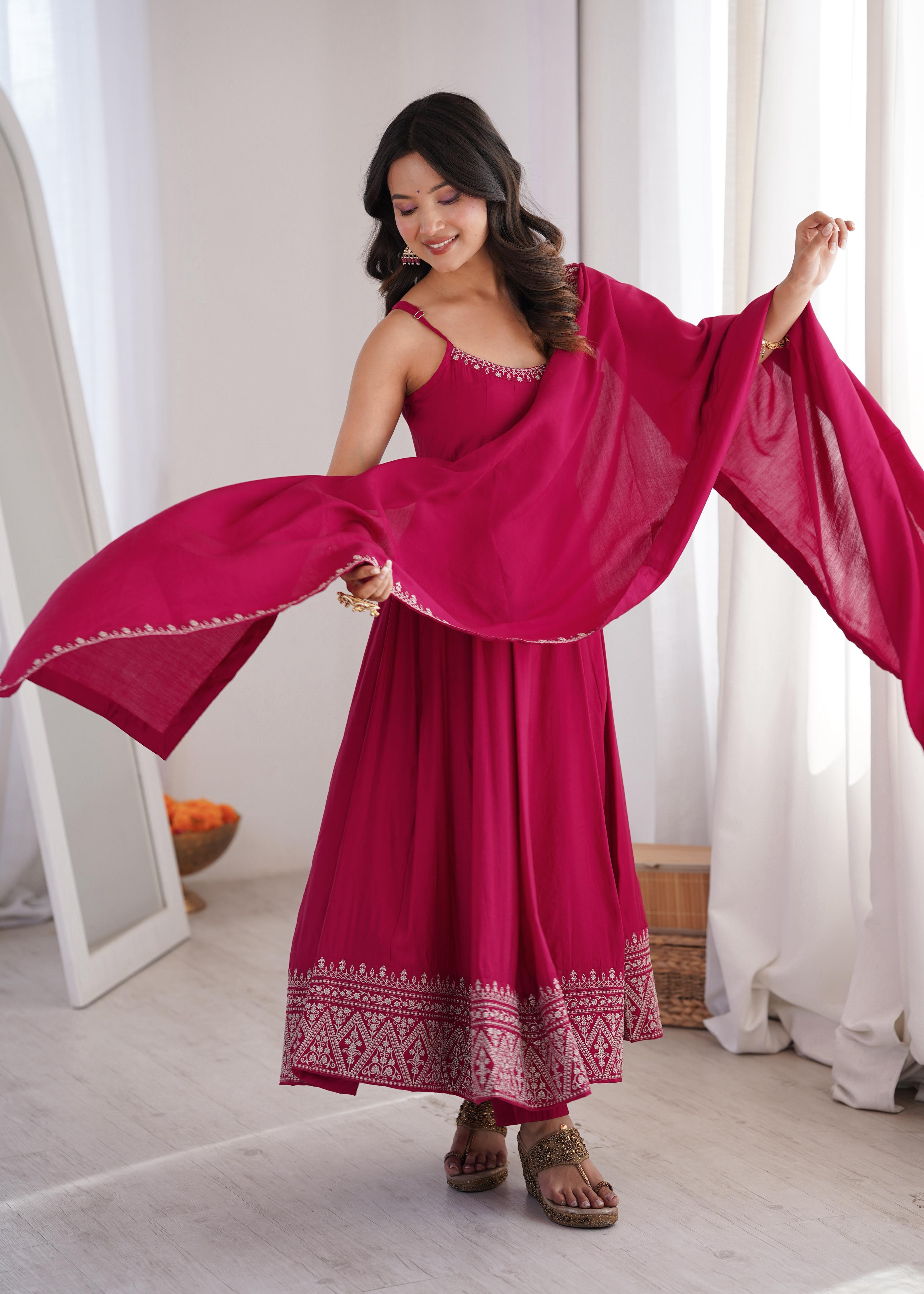Pink Pure Roman Silk Chanderi Anarkali Suit Set With Embroidery Work