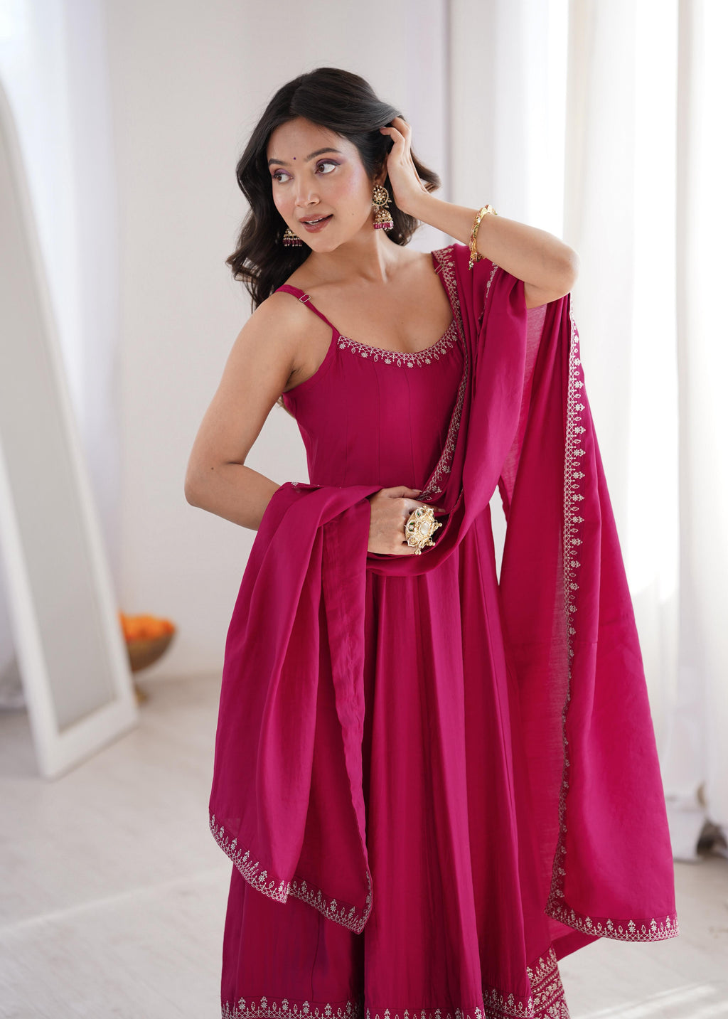 Pink Pure Roman Silk Chanderi Anarkali Suit Set With Embroidery Work
