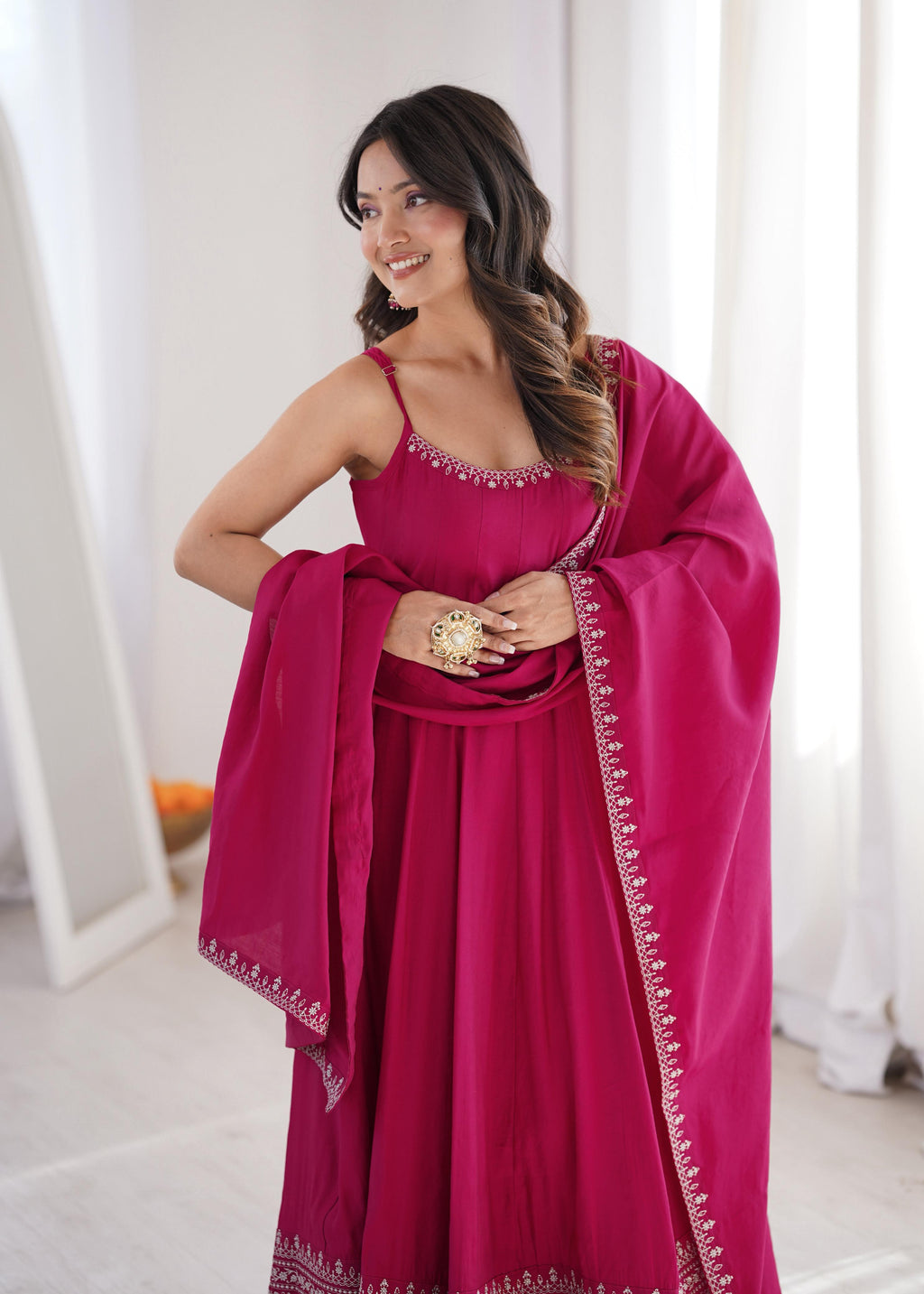 Pink Pure Roman Silk Chanderi Anarkali Suit Set With Embroidery Work