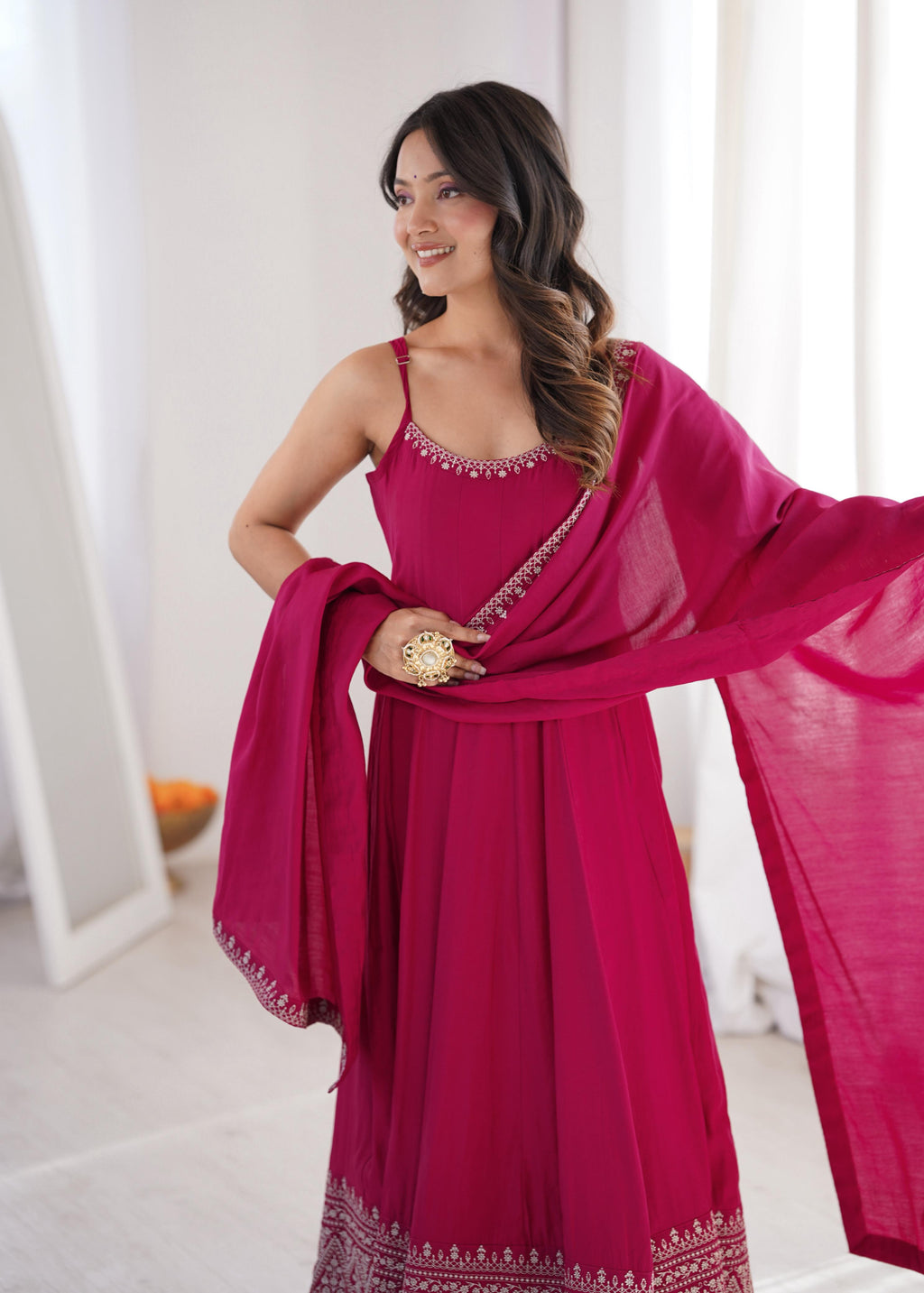 Pink Pure Roman Silk Chanderi Anarkali Suit Set With Embroidery Work