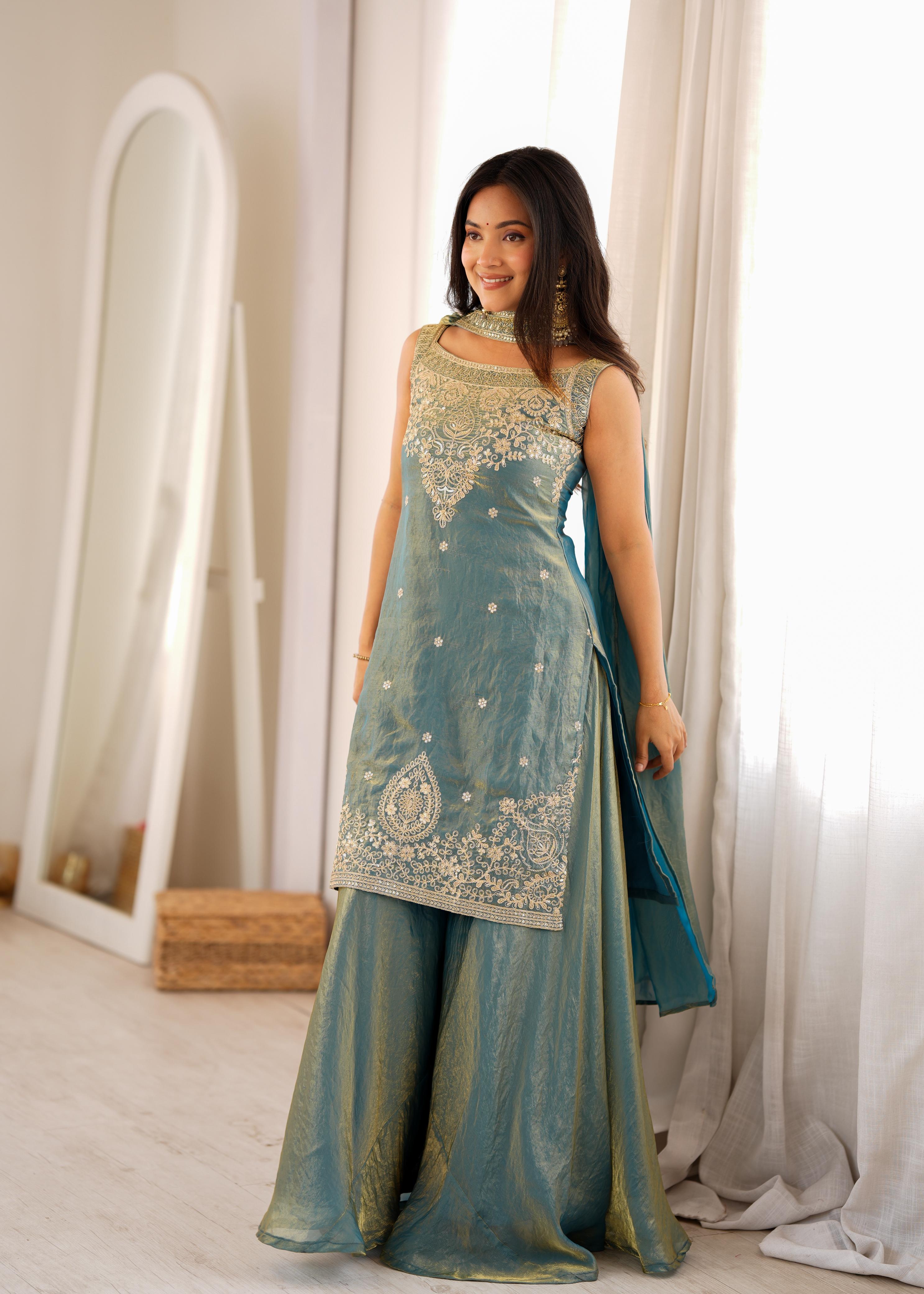 Sea Green Soft Fendy Silk Kurta Suit Set With Embroidery Work