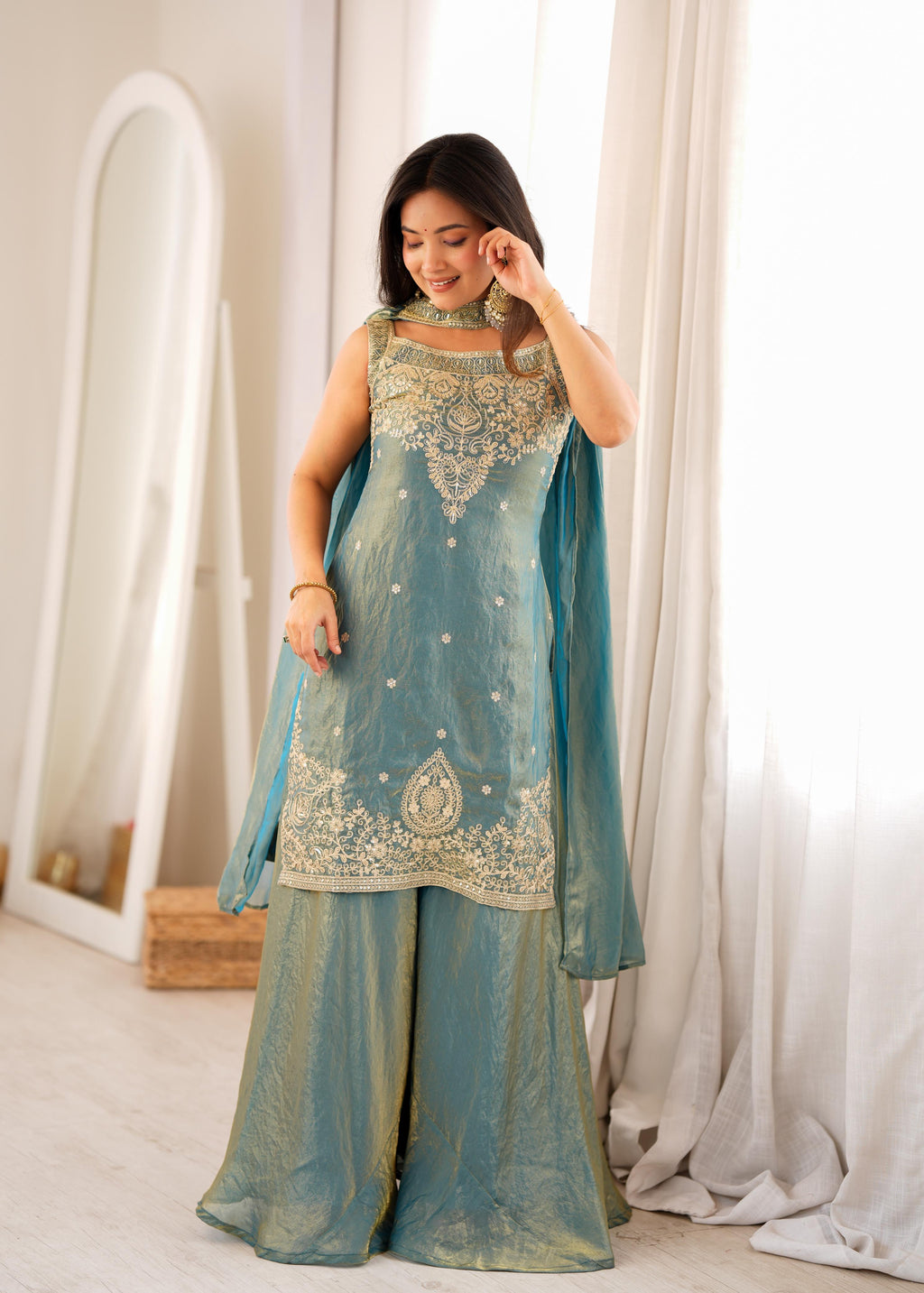 Sea Green Soft Fendy Silk Kurta Suit Set With Embroidery Work