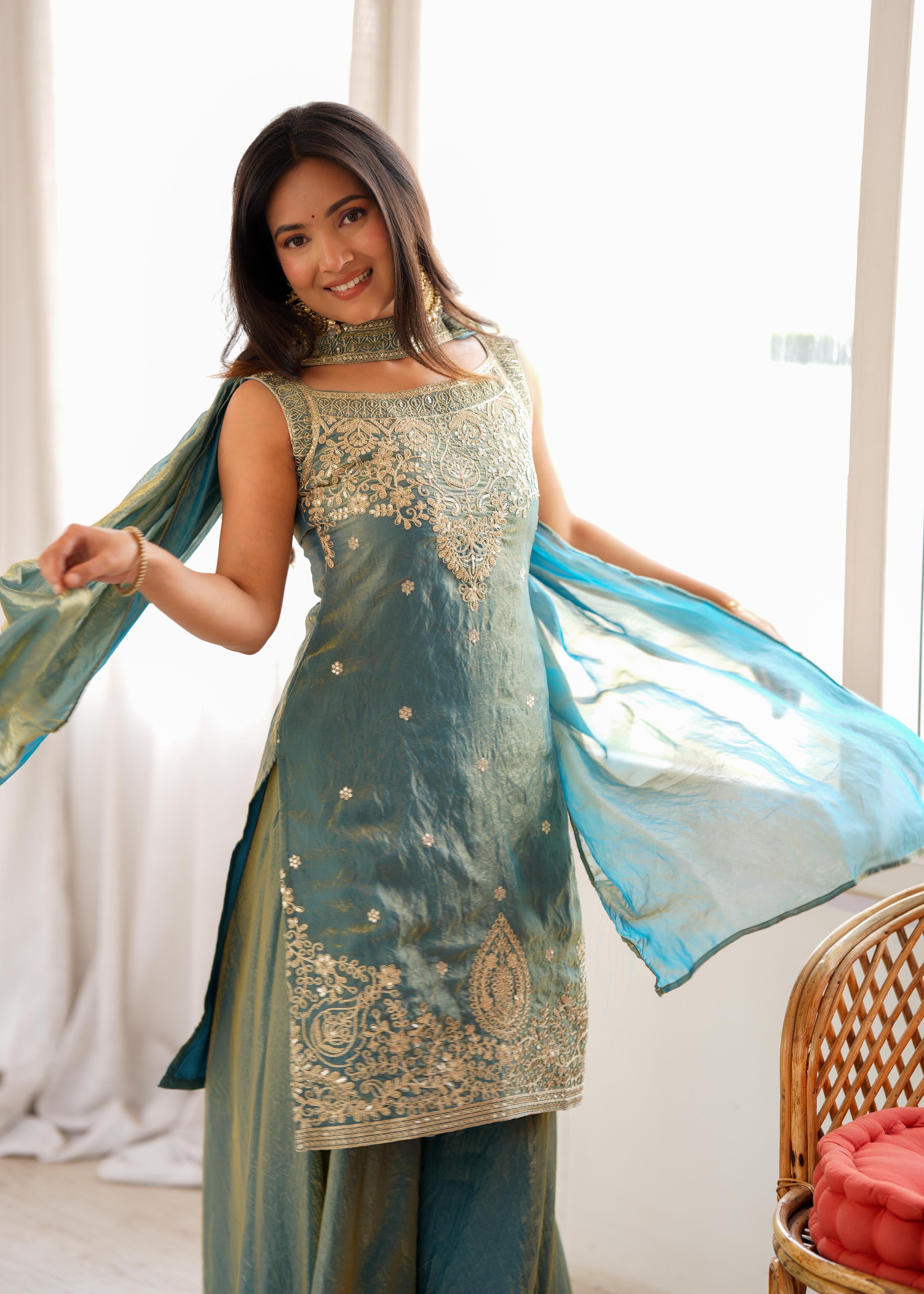 Sea Green Soft Fendy Silk Kurta Suit Set With Embroidery Work