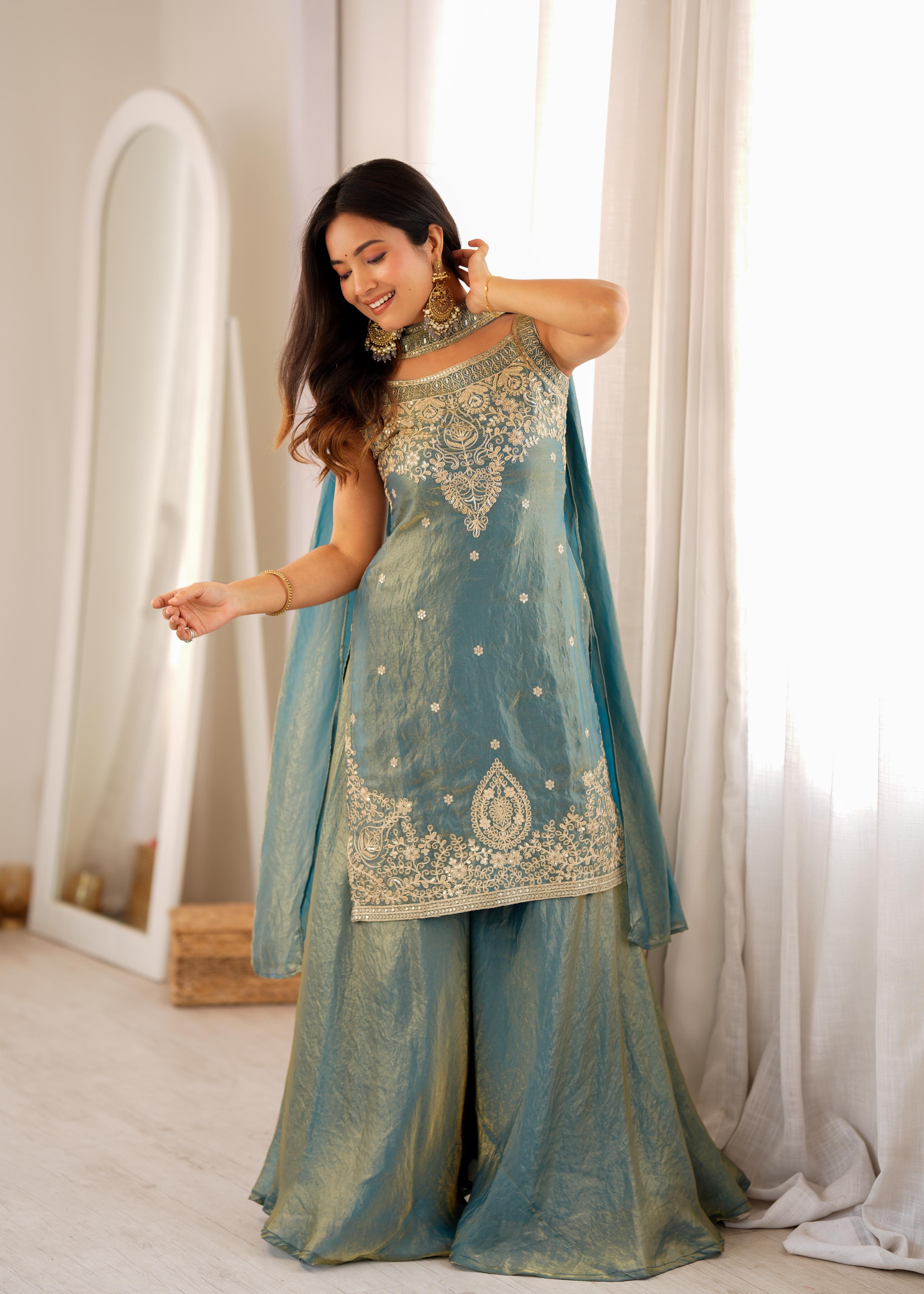 Sea Green Soft Fendy Silk Kurta Suit Set With Embroidery Work