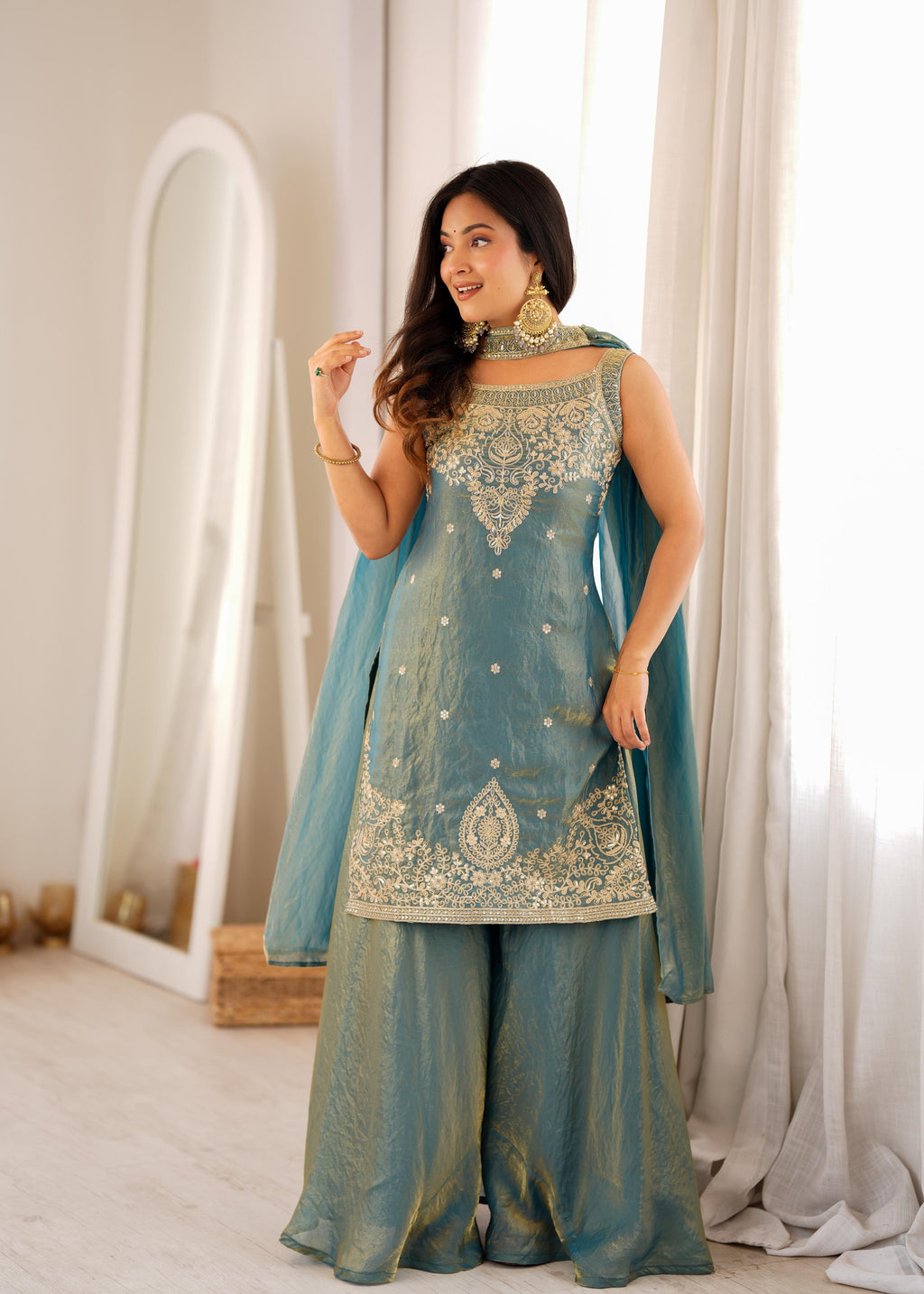 Sea Green Soft Fendy Silk Kurta Suit Set With Embroidery Work