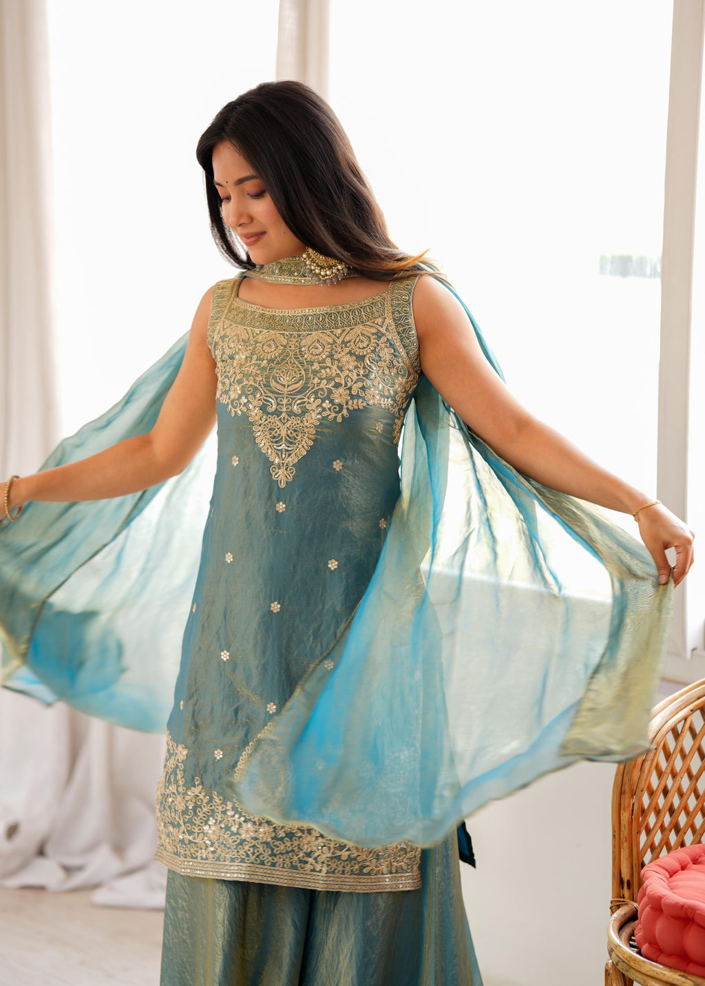 Sea Green Soft Fendy Silk Kurta Suit Set With Embroidery Work