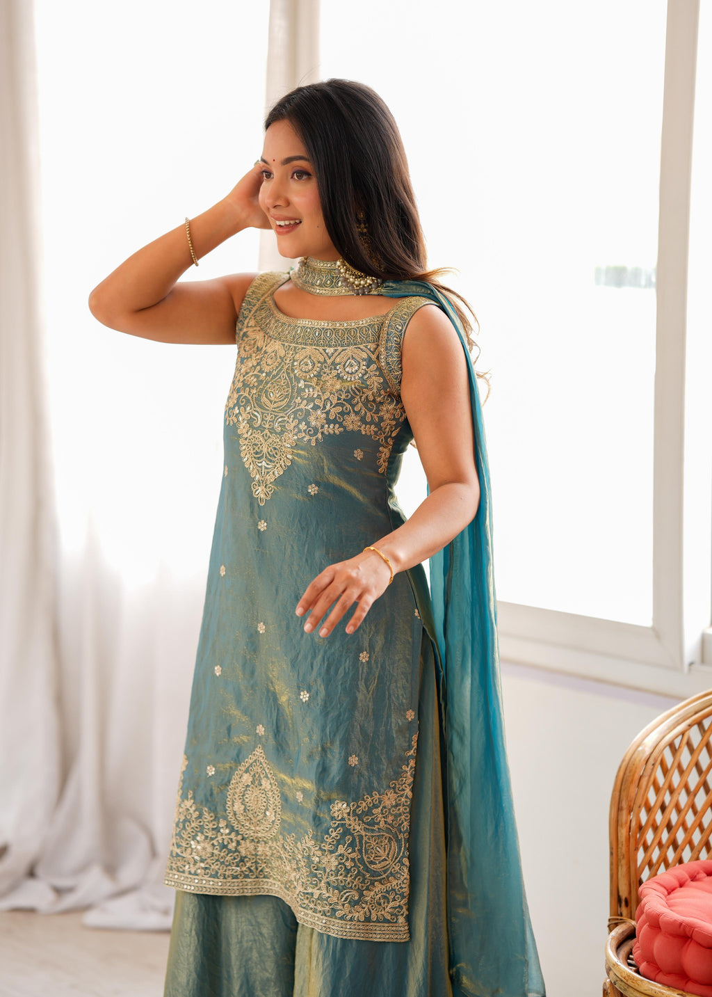 Sea Green Soft Fendy Silk Kurta Suit Set With Embroidery Work