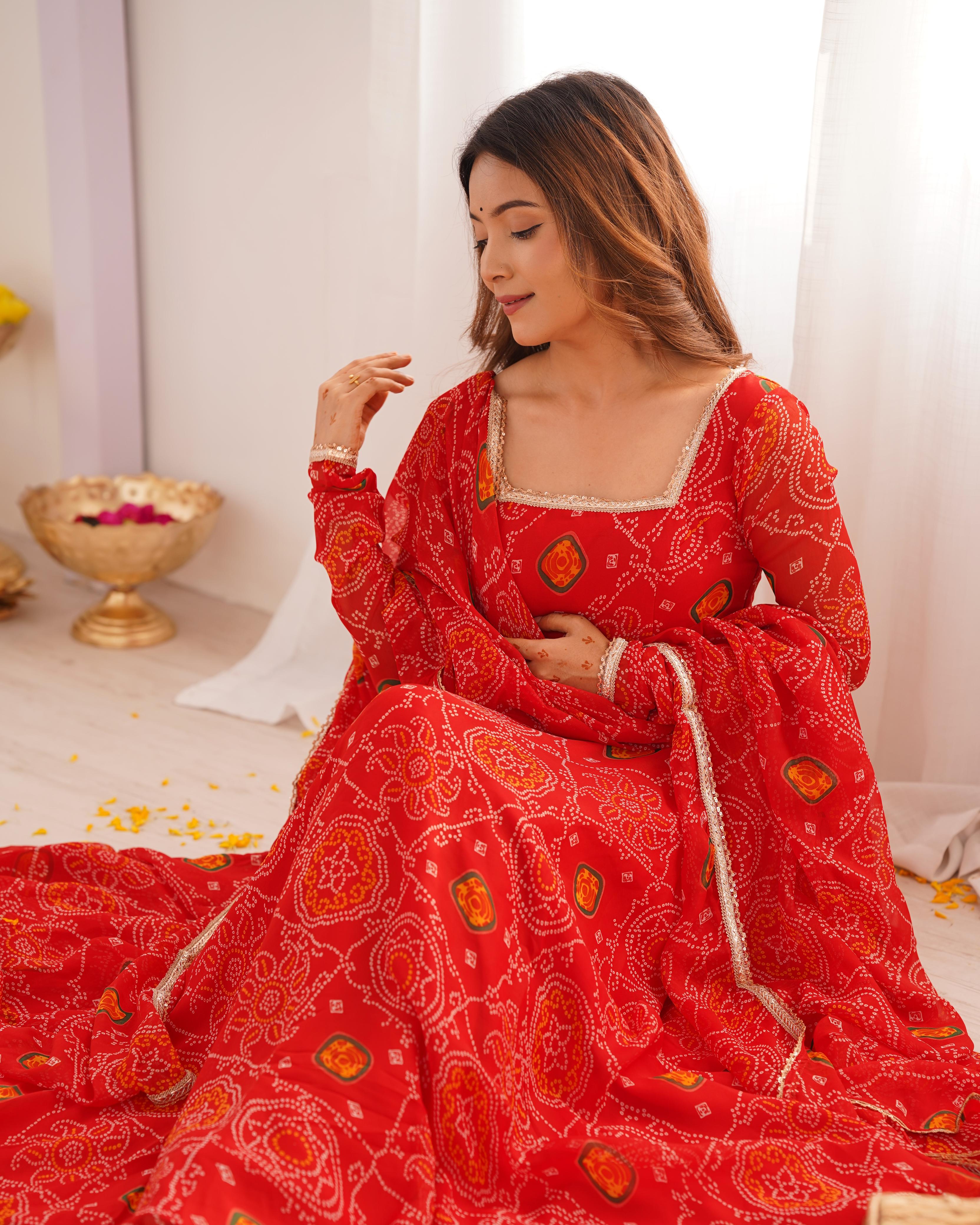 Red Lightweight Chiffon Anarkali Suit Set with Huge Flair - Festive Wear