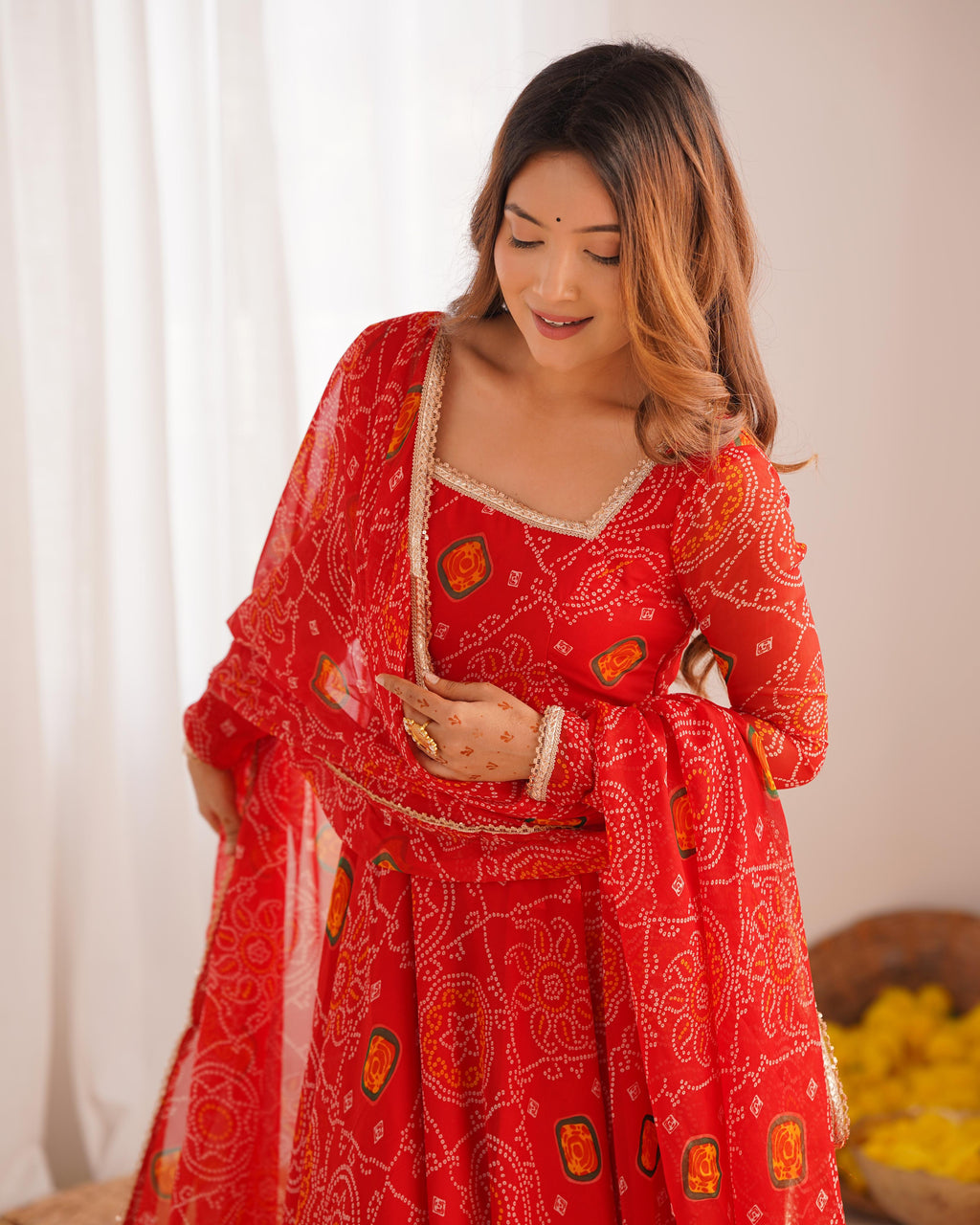 Red Lightweight Chiffon Anarkali Suit Set with Huge Flair - Festive Wear