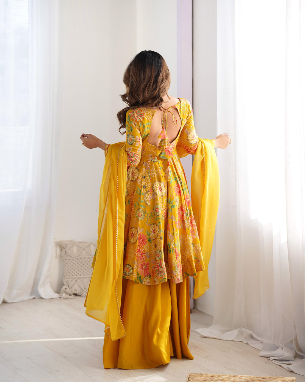 Yellow Roman Silk Chanderi Kediya Set with Huge Flair for festive occasions