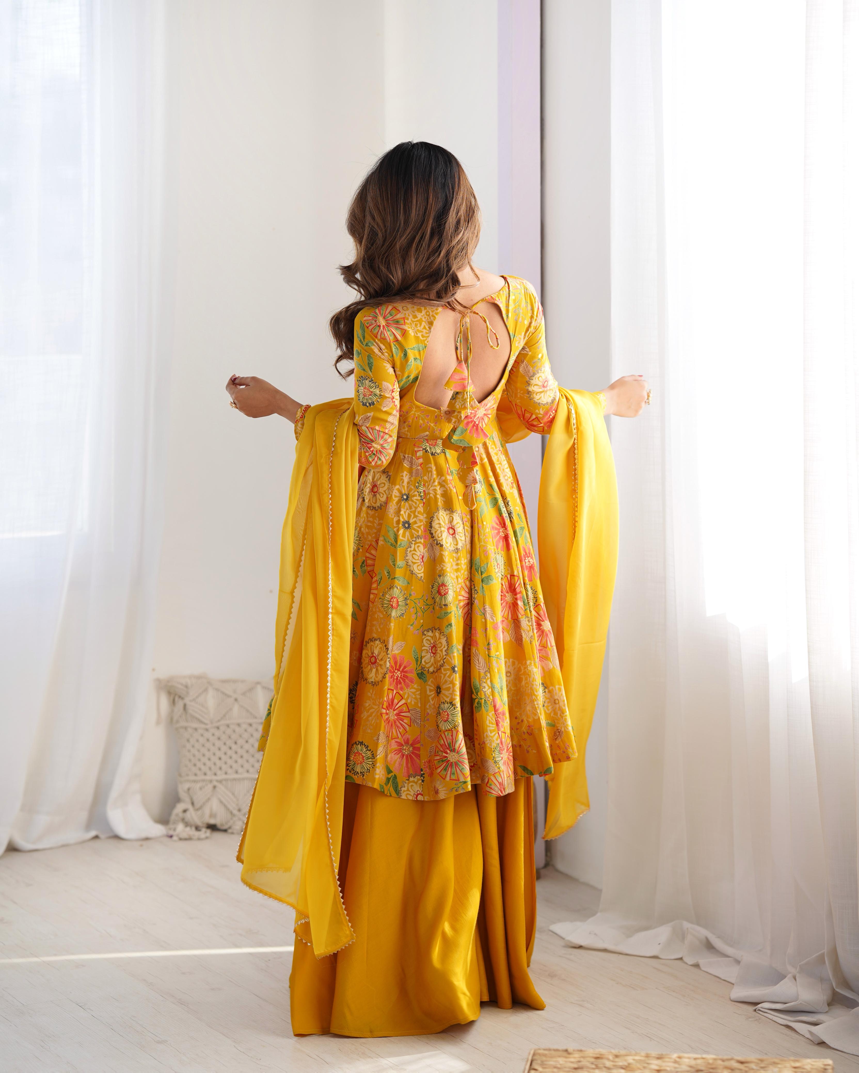 Yellow Roman Silk Chanderi Kediya Set with Huge Flair for festive occasions