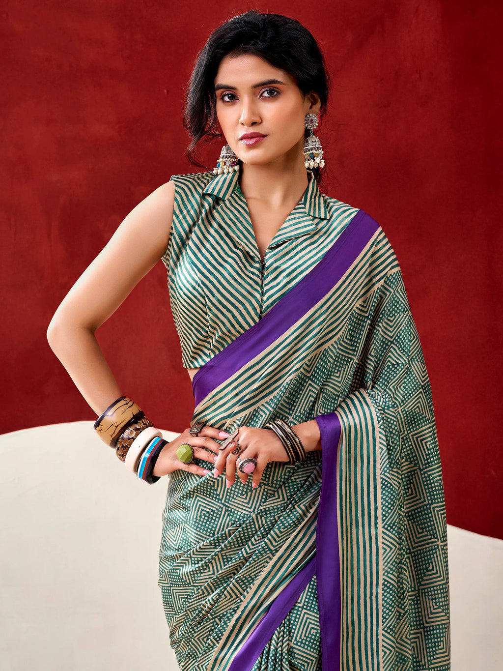 Bottle Green Gorgeous Digital Printed Satin Office Wear Saree With Blouse
