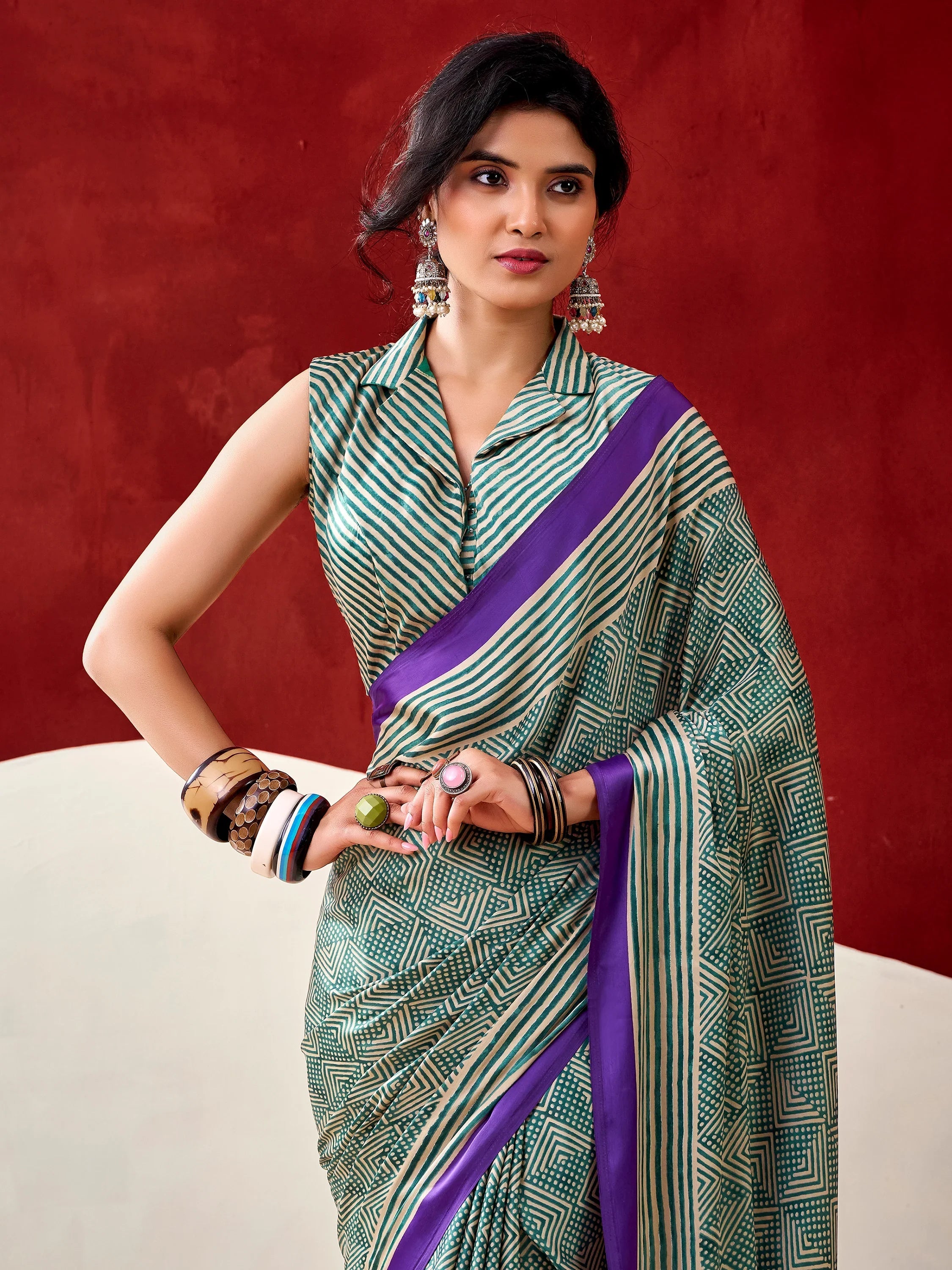Bottle Green Gorgeous Digital Printed Satin Office Wear Saree With Blouse