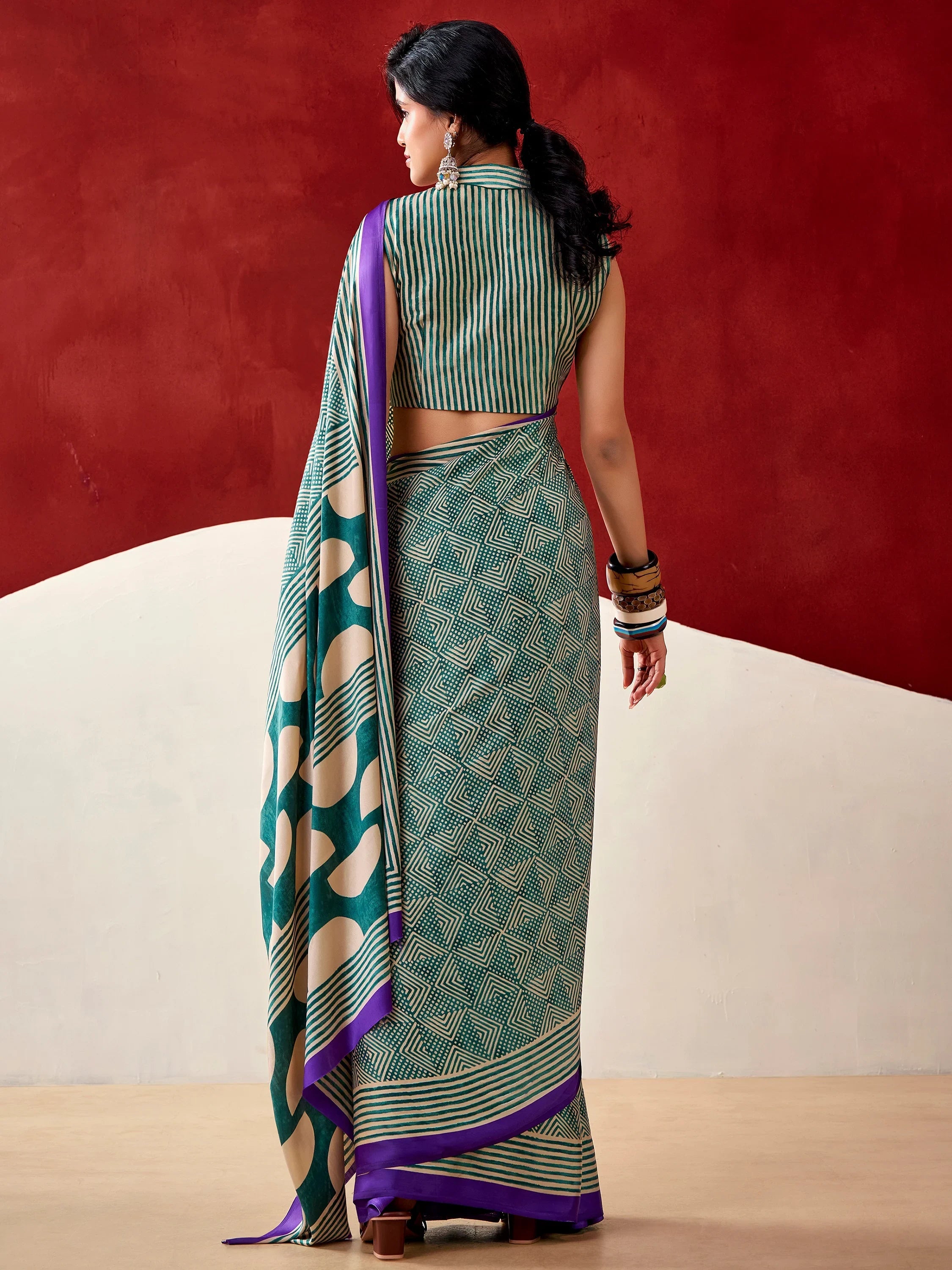 Bottle Green Gorgeous Digital Printed Satin Office Wear Saree With Blouse