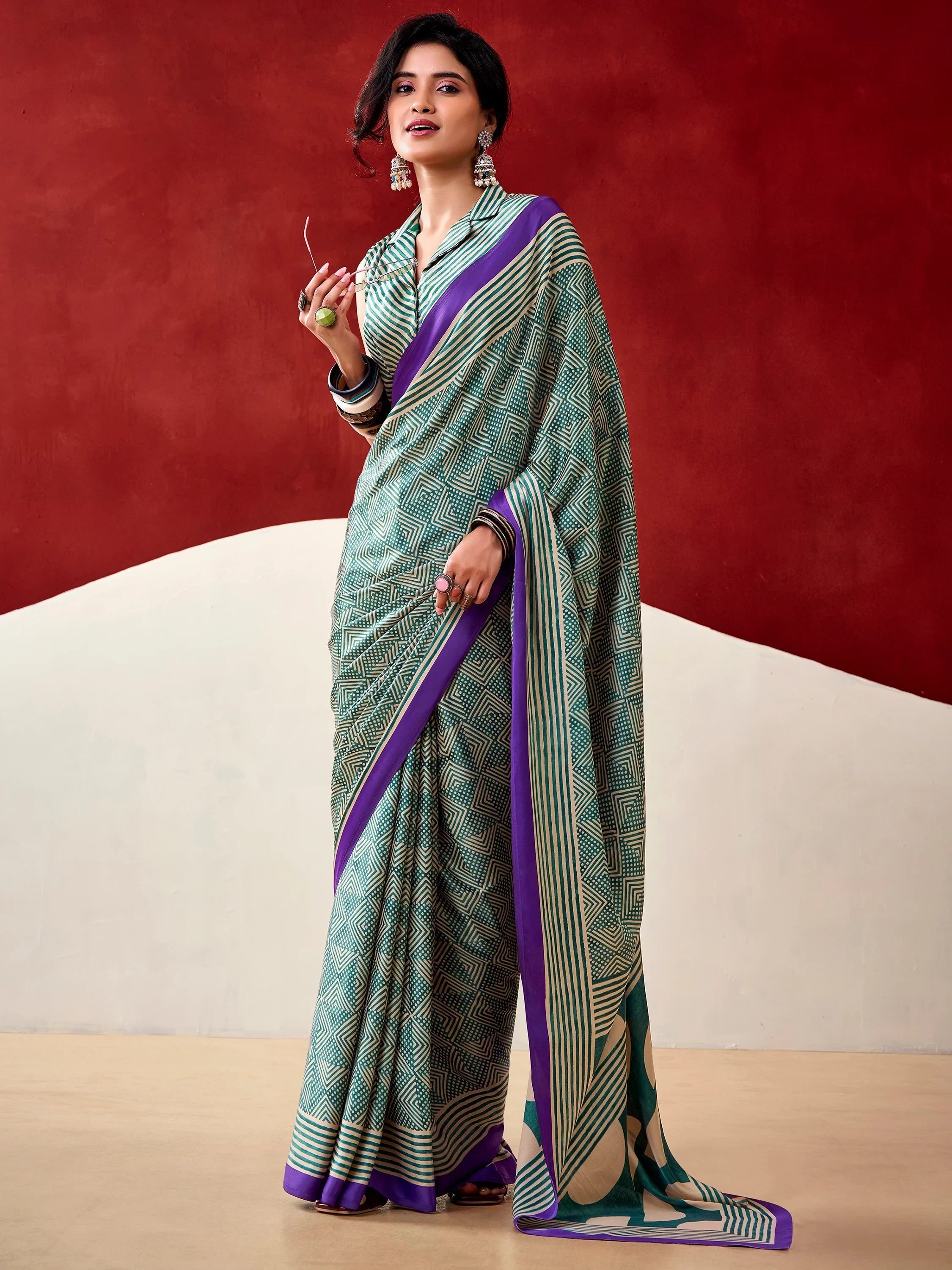 Bottle Green Gorgeous Digital Printed Satin Office Wear Saree With Blouse