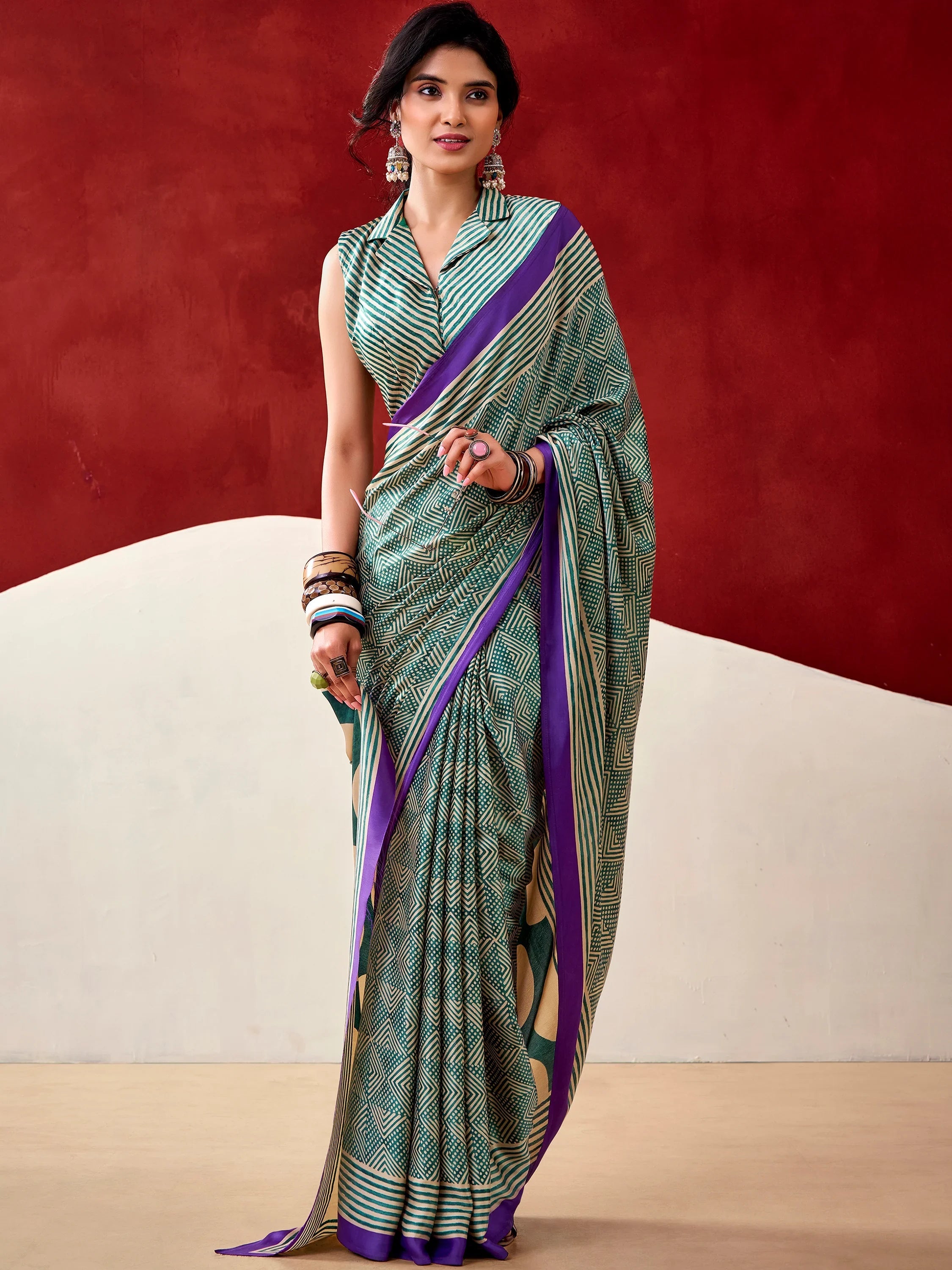 Bottle Green Gorgeous Digital Printed Satin Office Wear Saree With Blouse