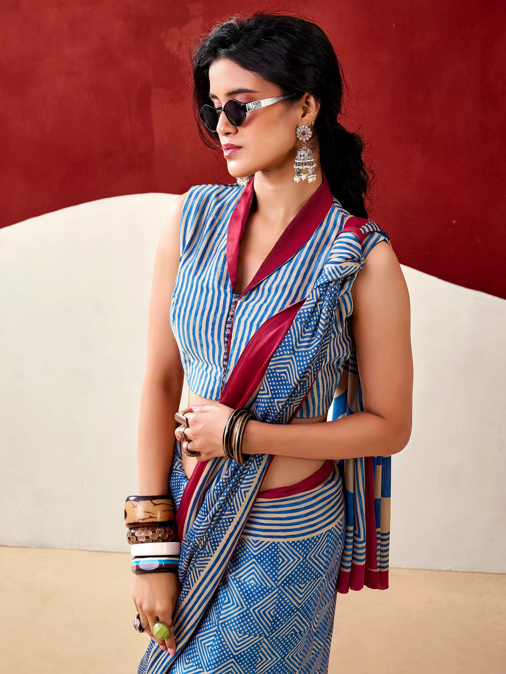 Blue Gorgeous Digital Printed Satin Office Wear Saree With Blouse