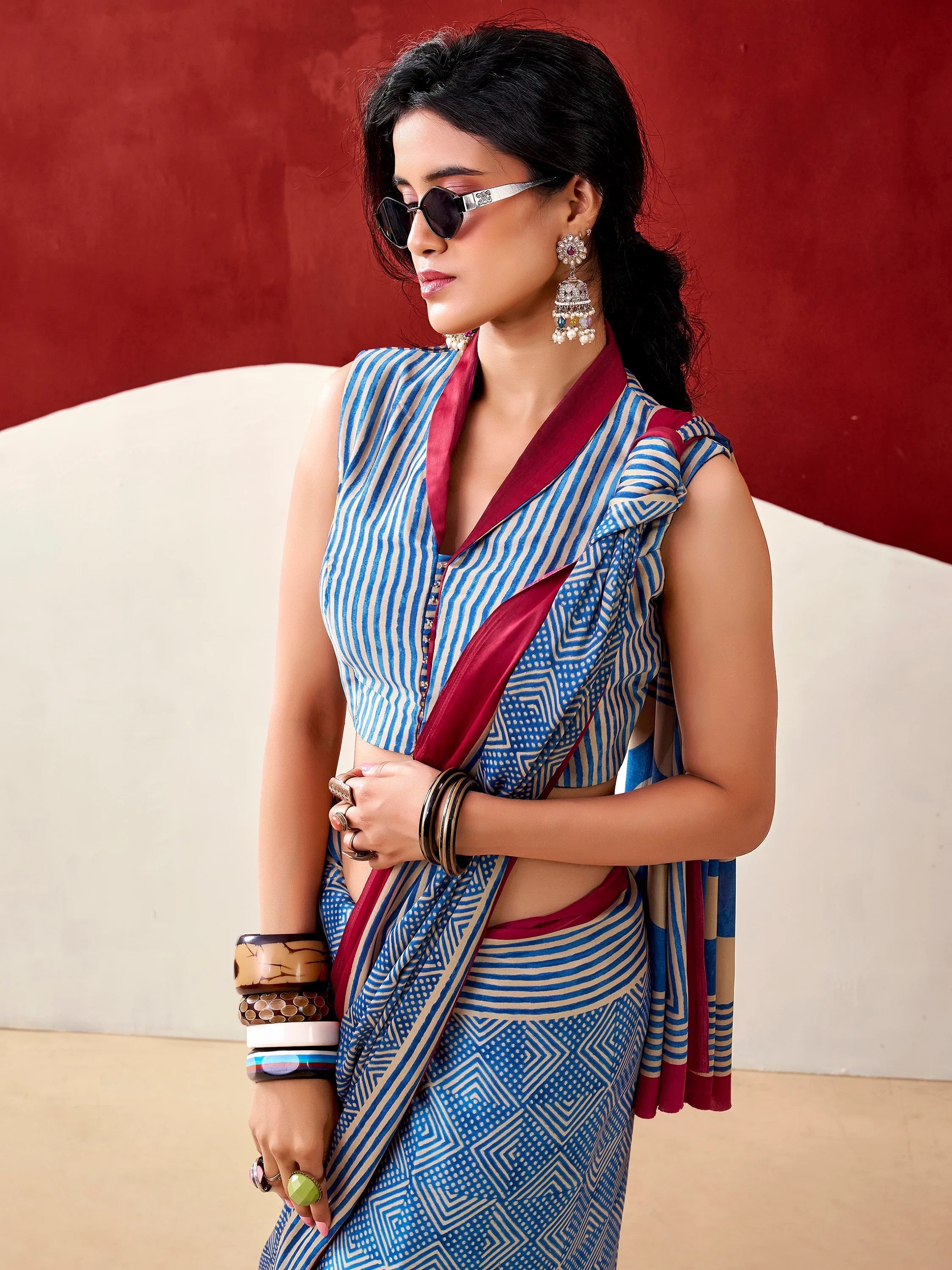 Blue Gorgeous Digital Printed Satin Office Wear Saree With Blouse