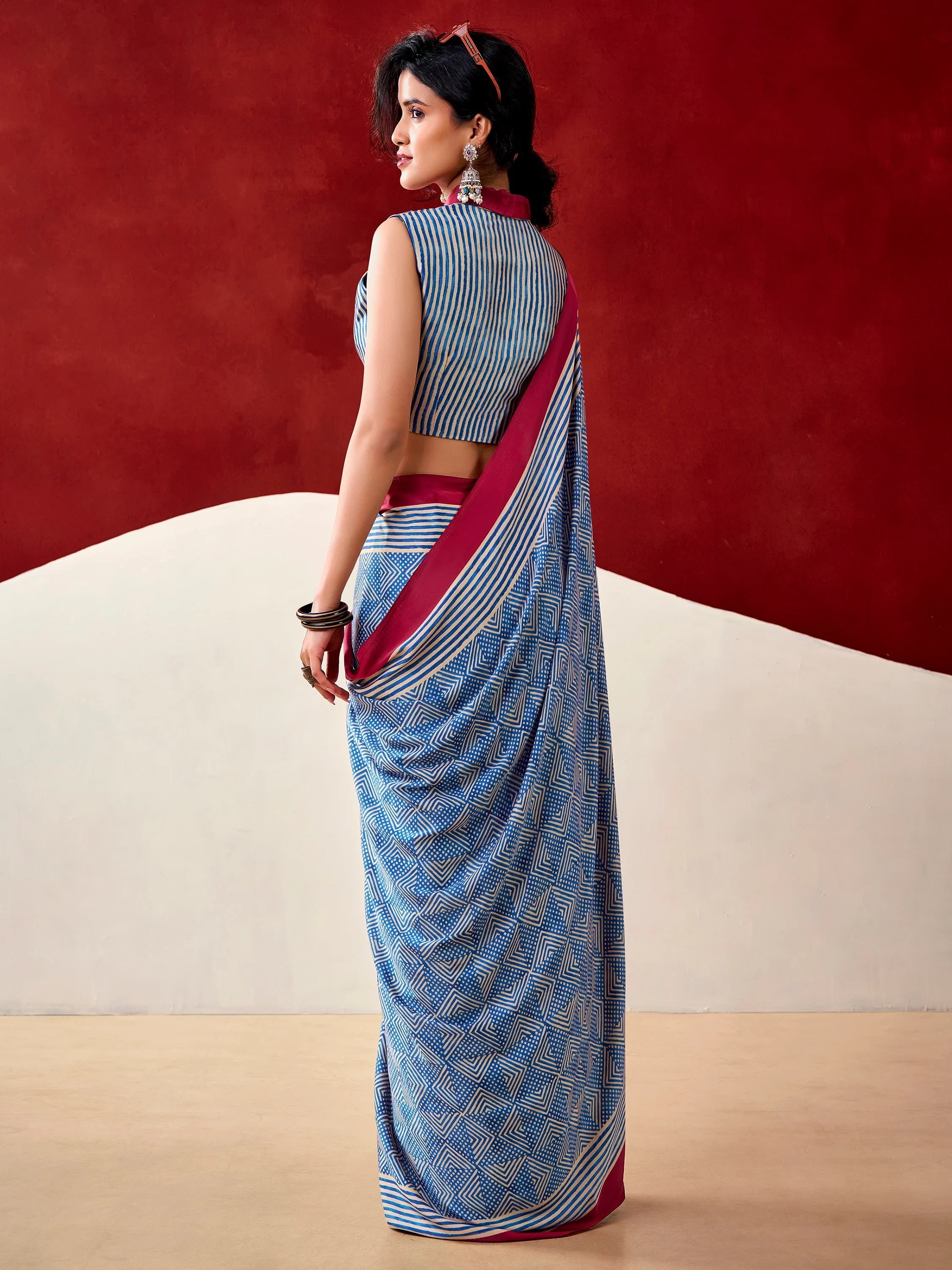 Blue Gorgeous Digital Printed Satin Office Wear Saree With Blouse