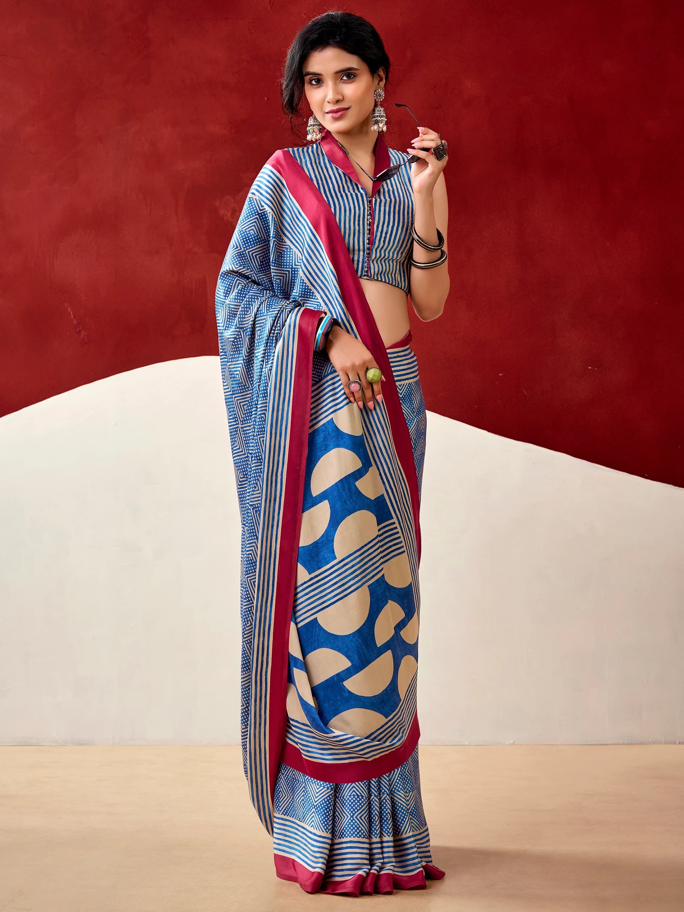 Blue Gorgeous Digital Printed Satin Office Wear Saree With Blouse
