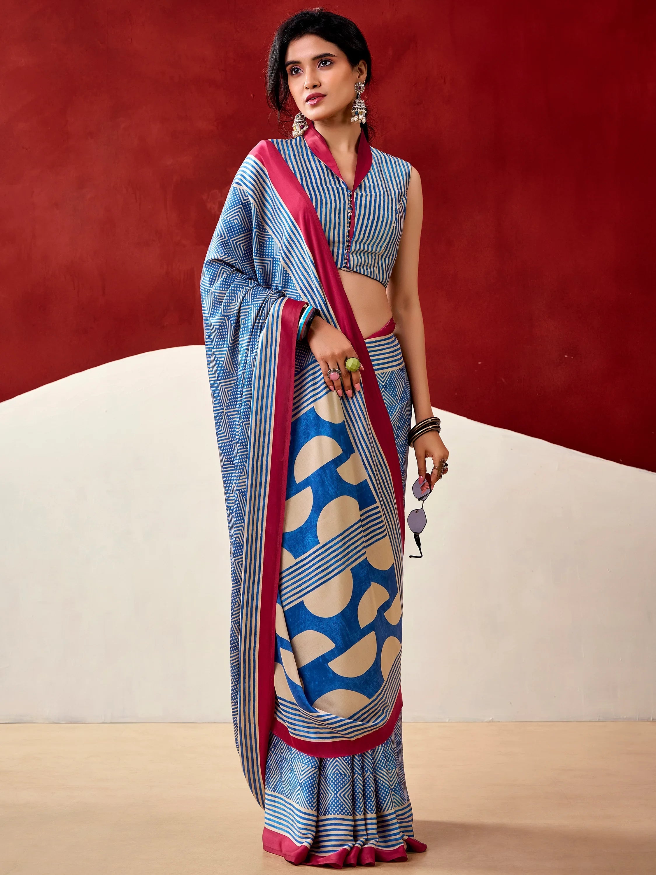 Blue Gorgeous Digital Printed Satin Office Wear Saree With Blouse
