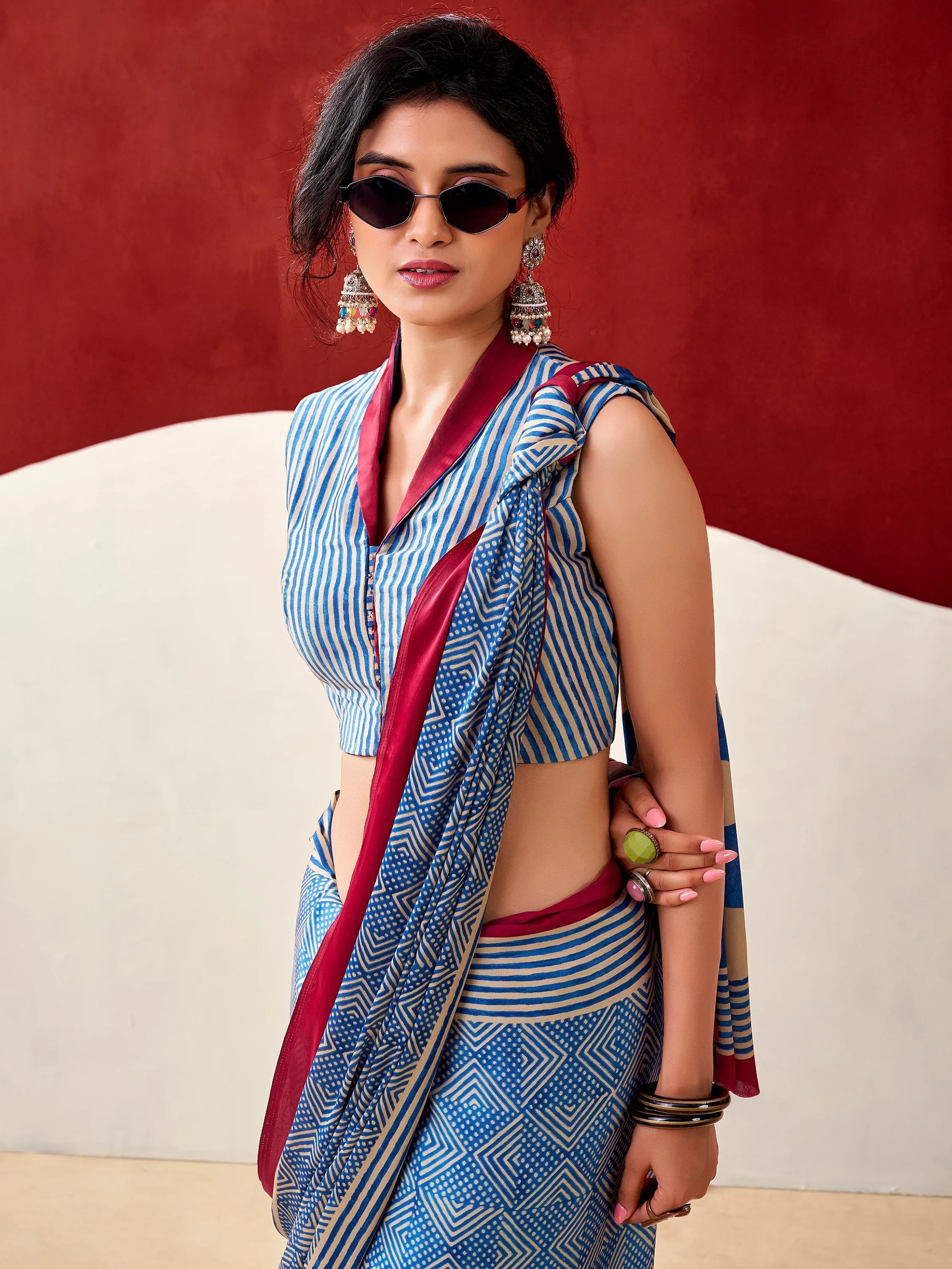 Blue Gorgeous Digital Printed Satin Office Wear Saree With Blouse