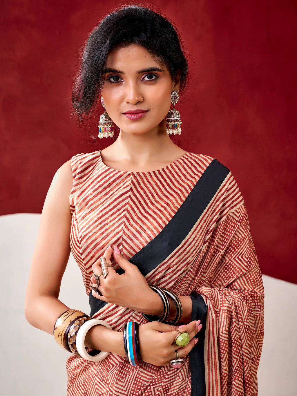 Rust Gorgeous Digital Printed Satin Office Wear Saree With Blouse