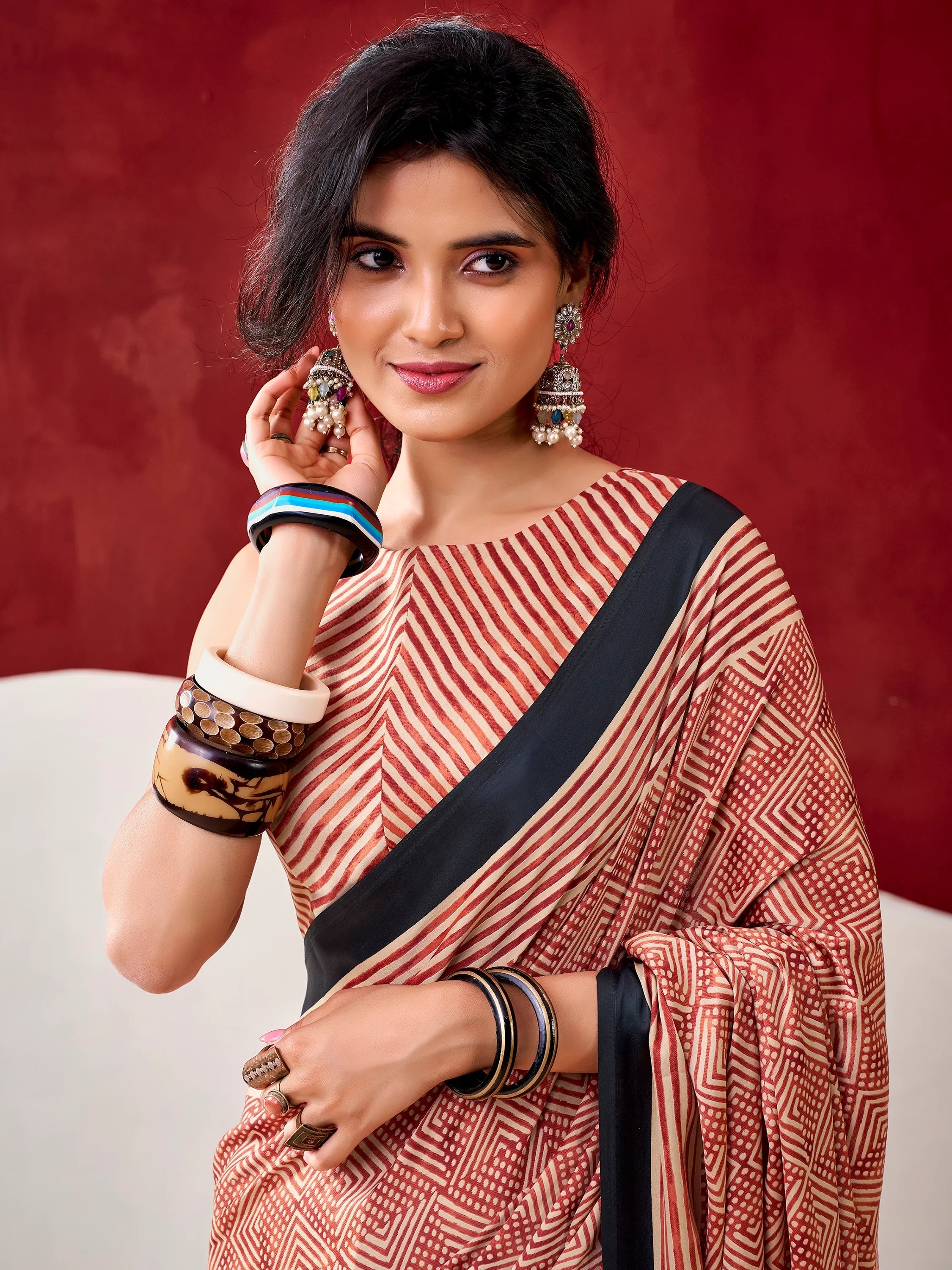 Rust Gorgeous Digital Printed Satin Office Wear Saree With Blouse
